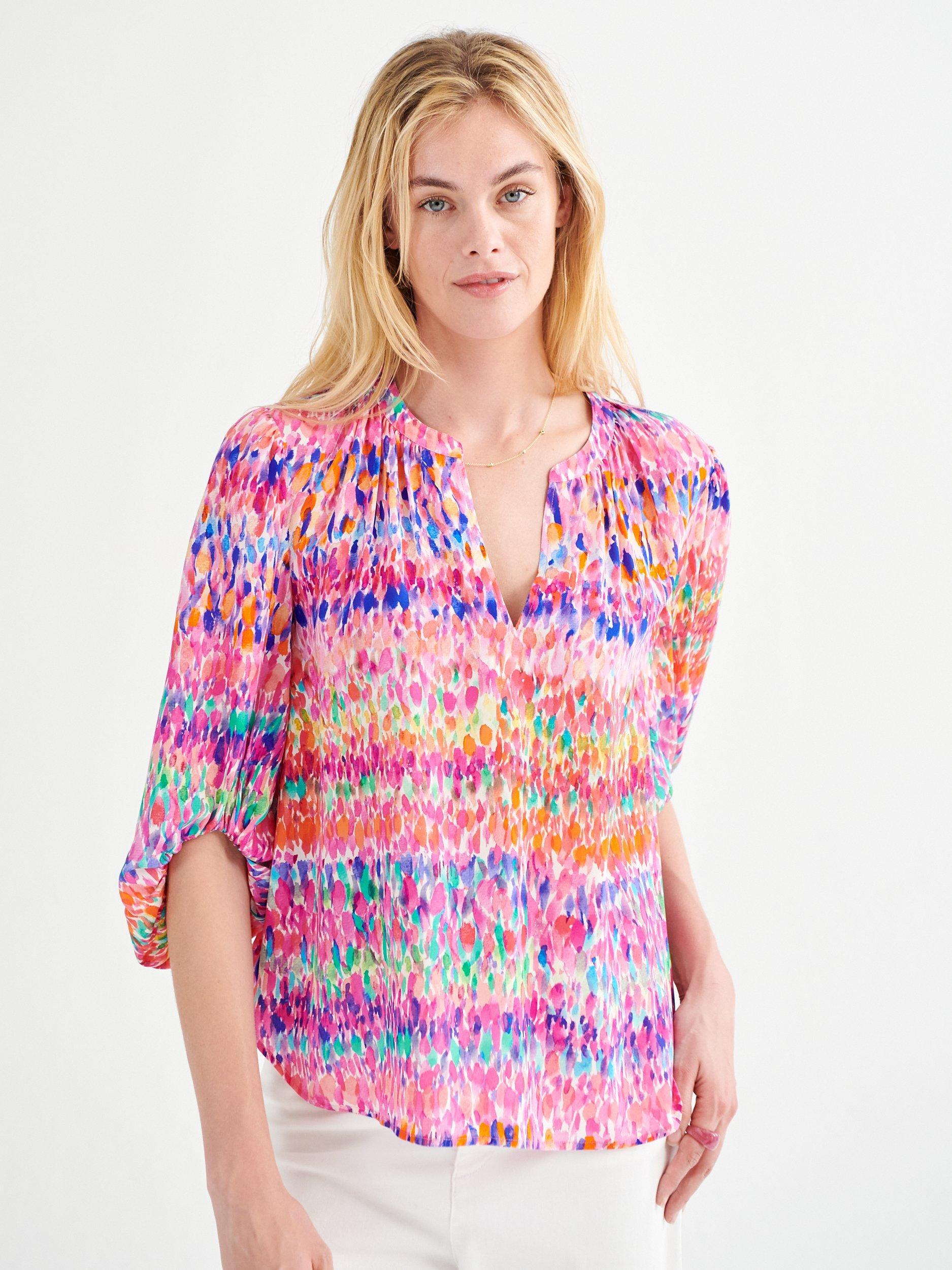 Product image 2 of 8, which shows NRBY Luna Abstract Print Silk Blouse, Pink Water Splash, XL