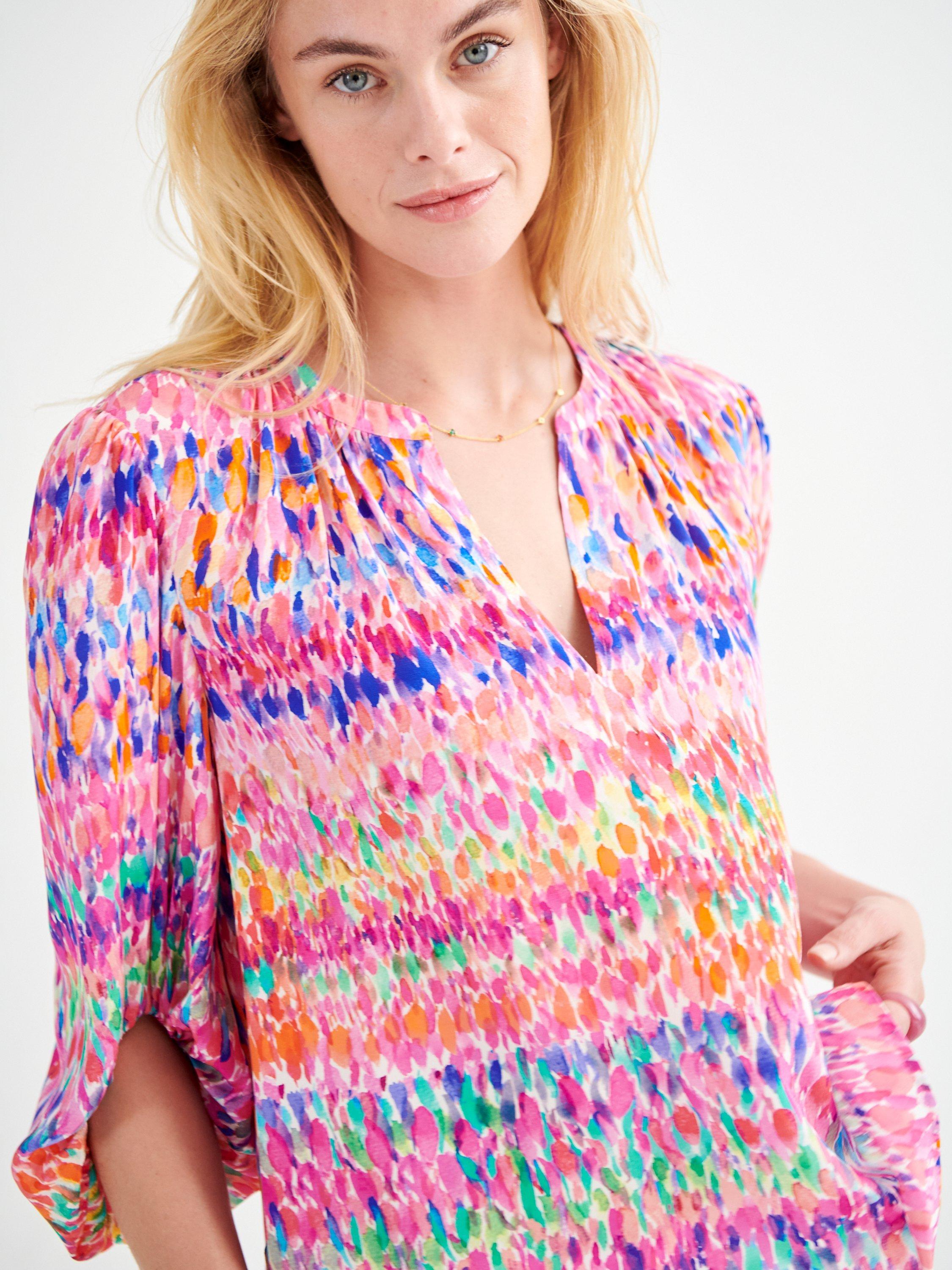 Product image 6 of 8, which shows NRBY Luna Abstract Print Silk Blouse, Pink Water Splash, XL