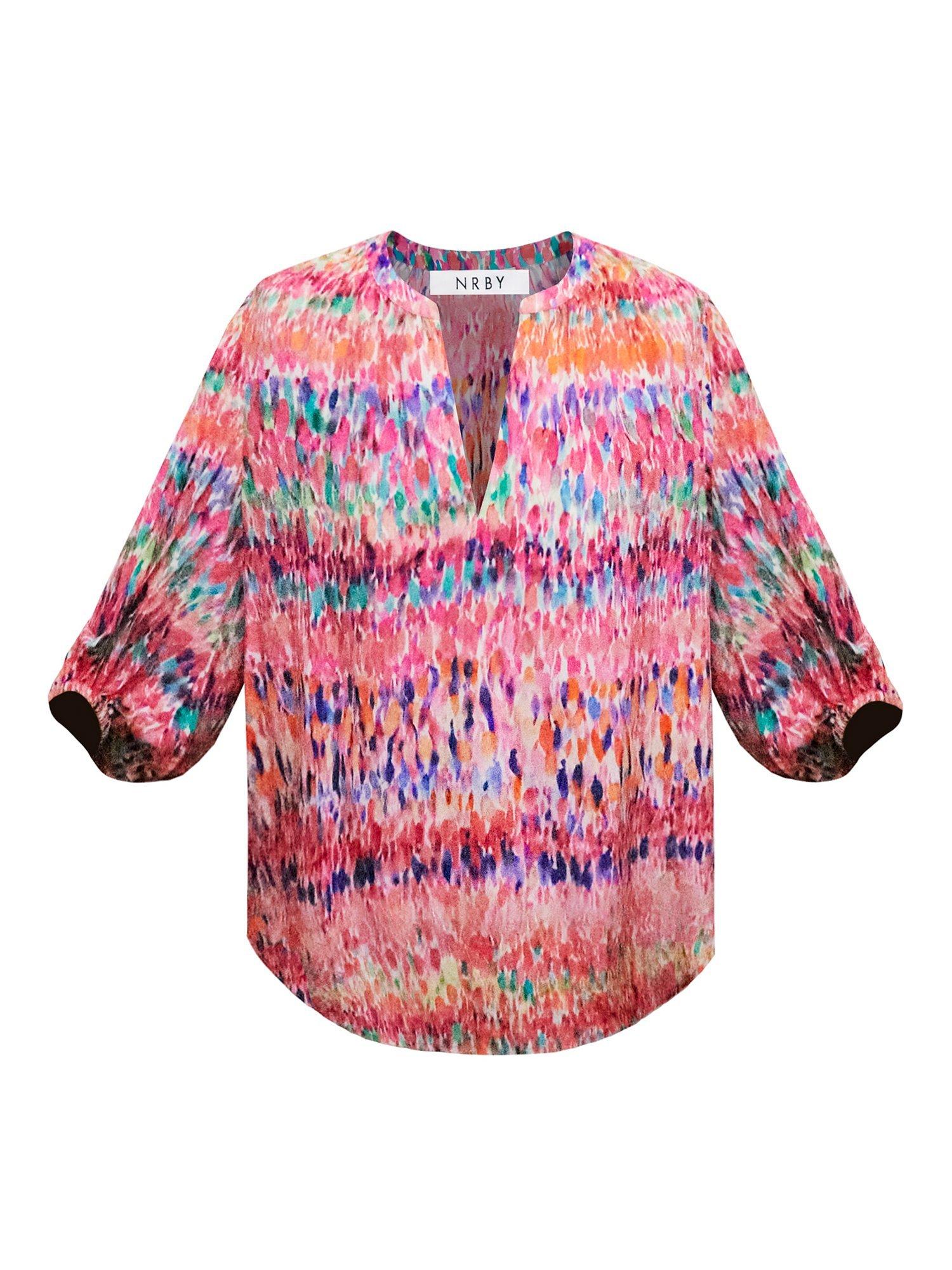 Product image 8 of 8, which shows NRBY Luna Abstract Print Silk Blouse, Pink Water Splash, XL