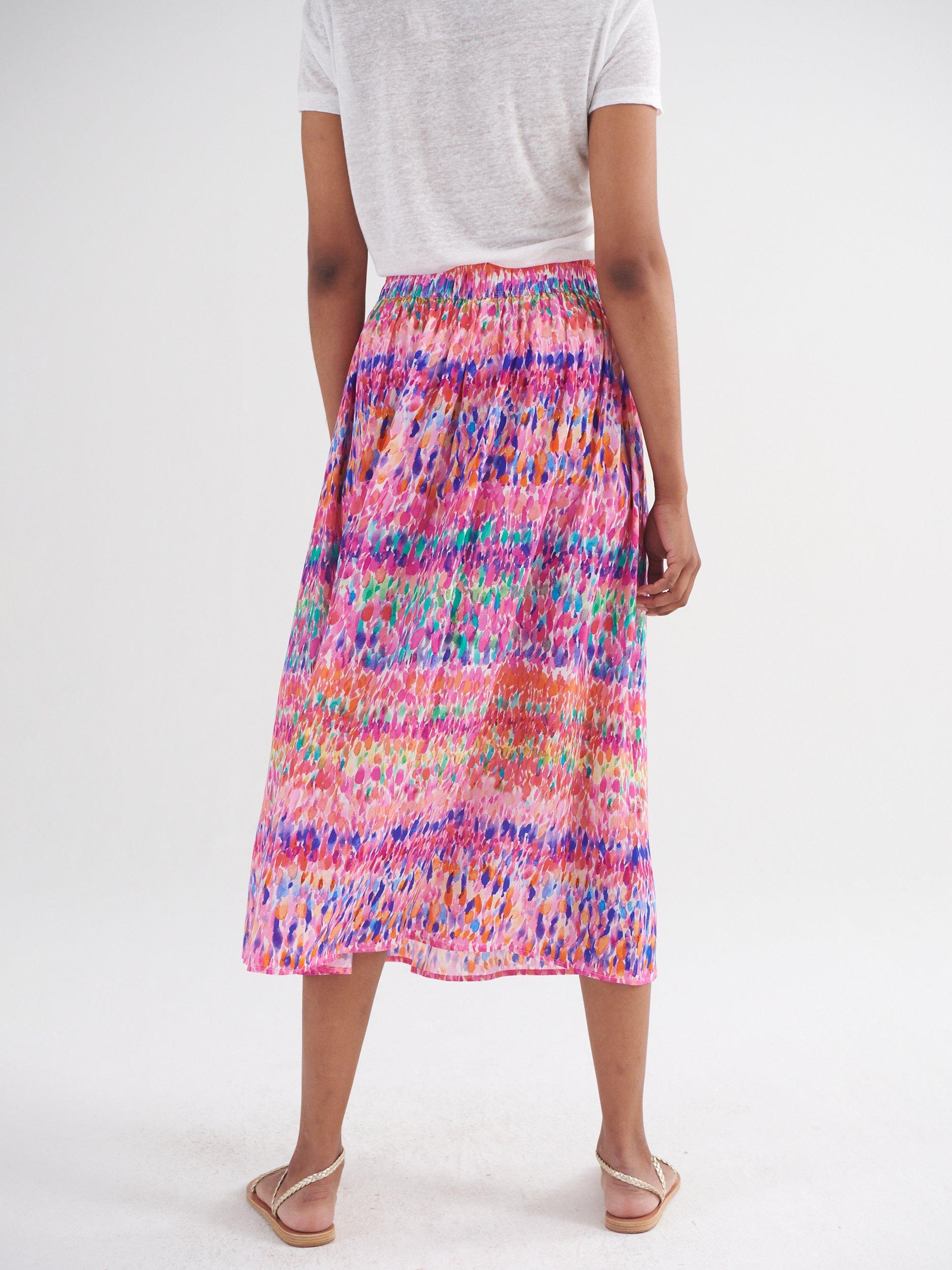 Product image 4 of 8, which shows NRBY Karina Silk Watercolour Splash Midi Skirt, Pink/Multi, S