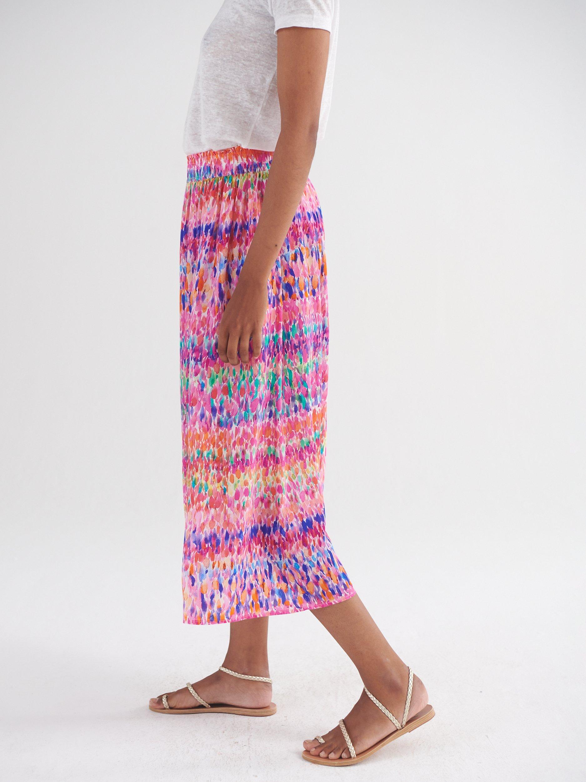 Product image 5 of 8, which shows NRBY Karina Silk Watercolour Splash Midi Skirt, Pink/Multi, S
