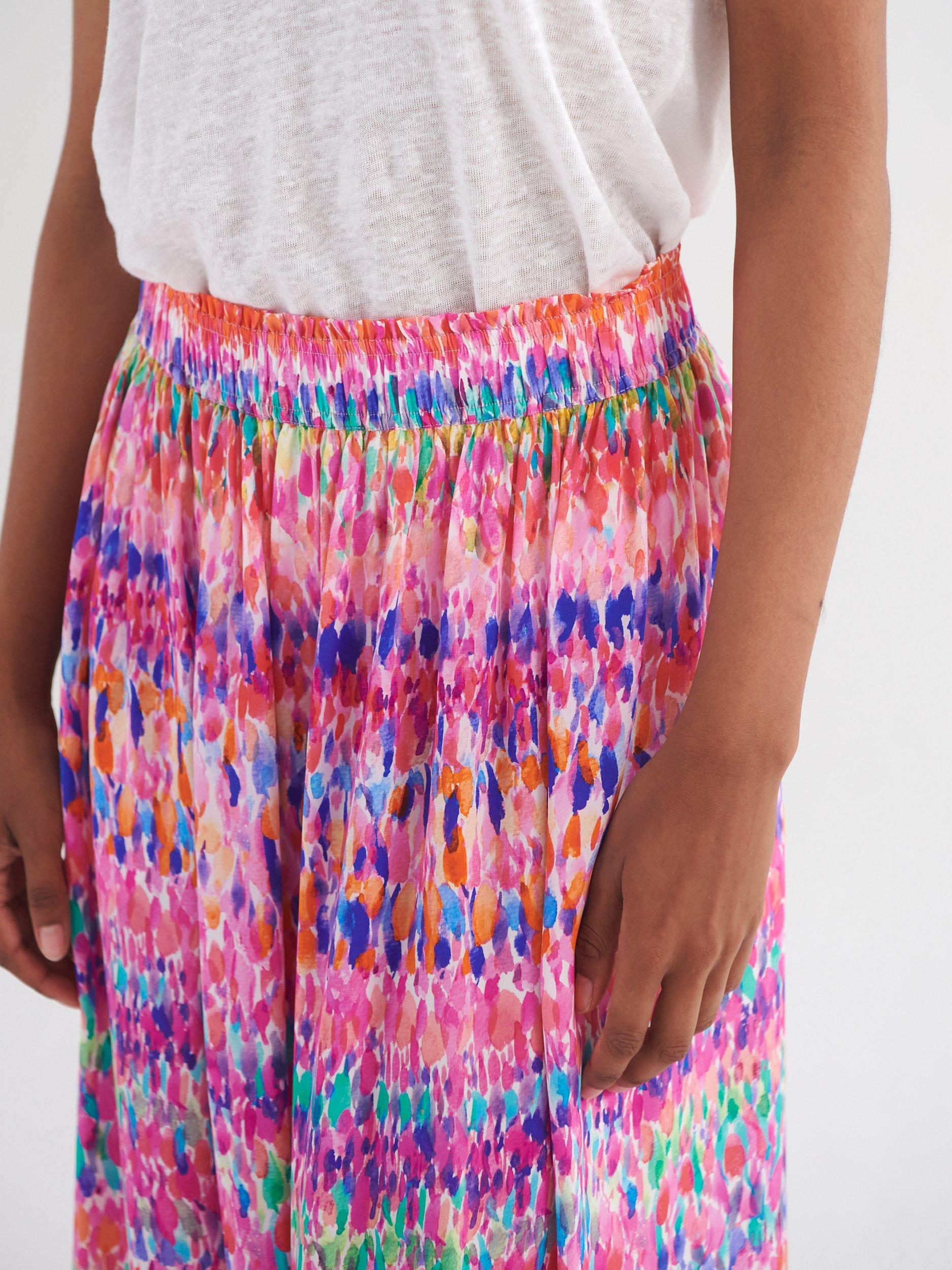 Product image 6 of 8, which shows NRBY Karina Silk Watercolour Splash Midi Skirt, Pink/Multi, S