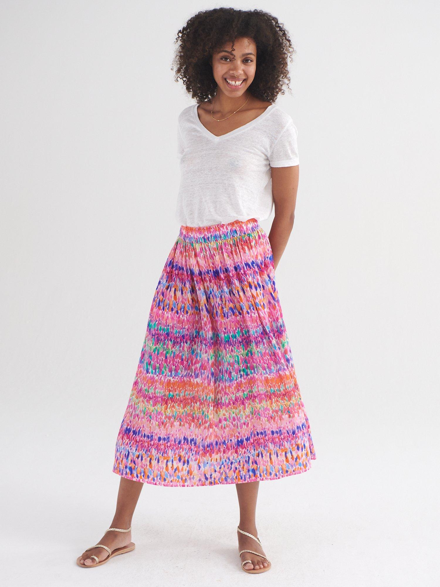 Product image 7 of 8, which shows NRBY Karina Silk Watercolour Splash Midi Skirt, Pink/Multi, S