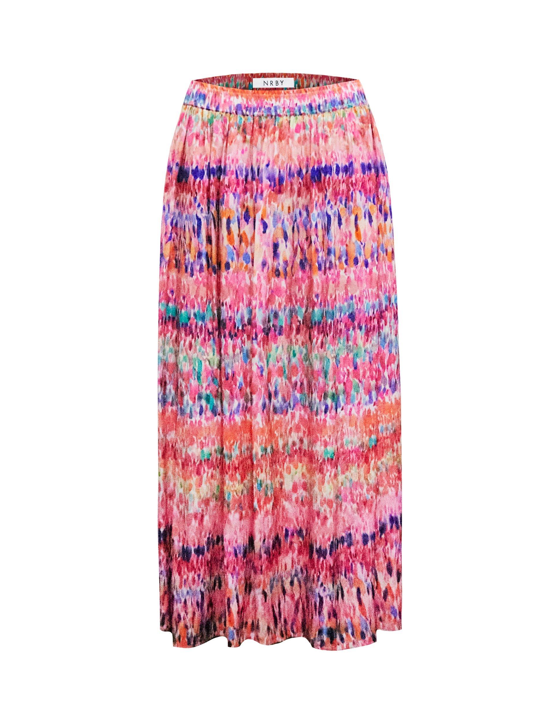 Product image 8 of 8, which shows NRBY Karina Silk Watercolour Splash Midi Skirt, Pink/Multi, S