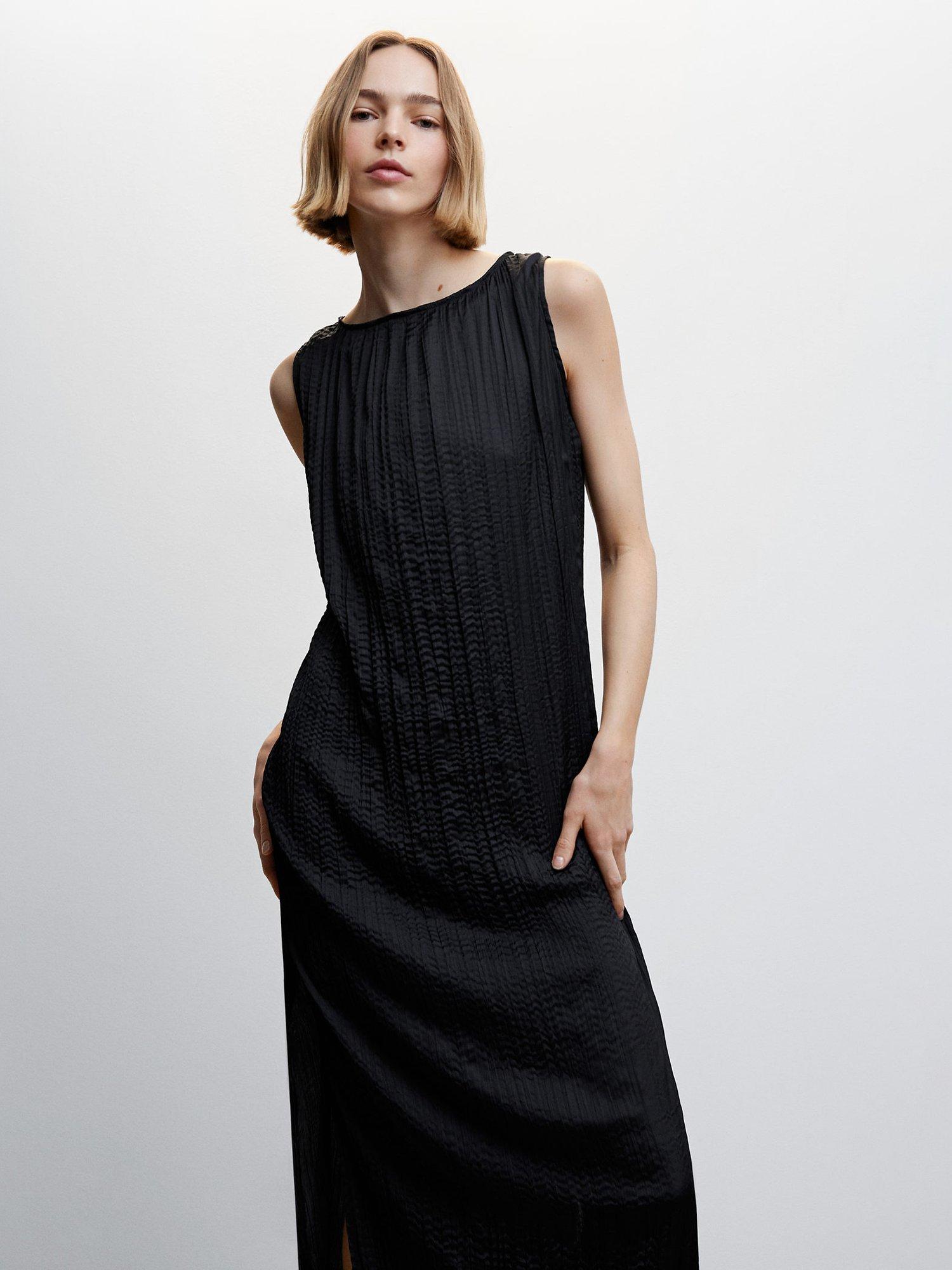 Mango Side Slit Textured Midi Dress, Black