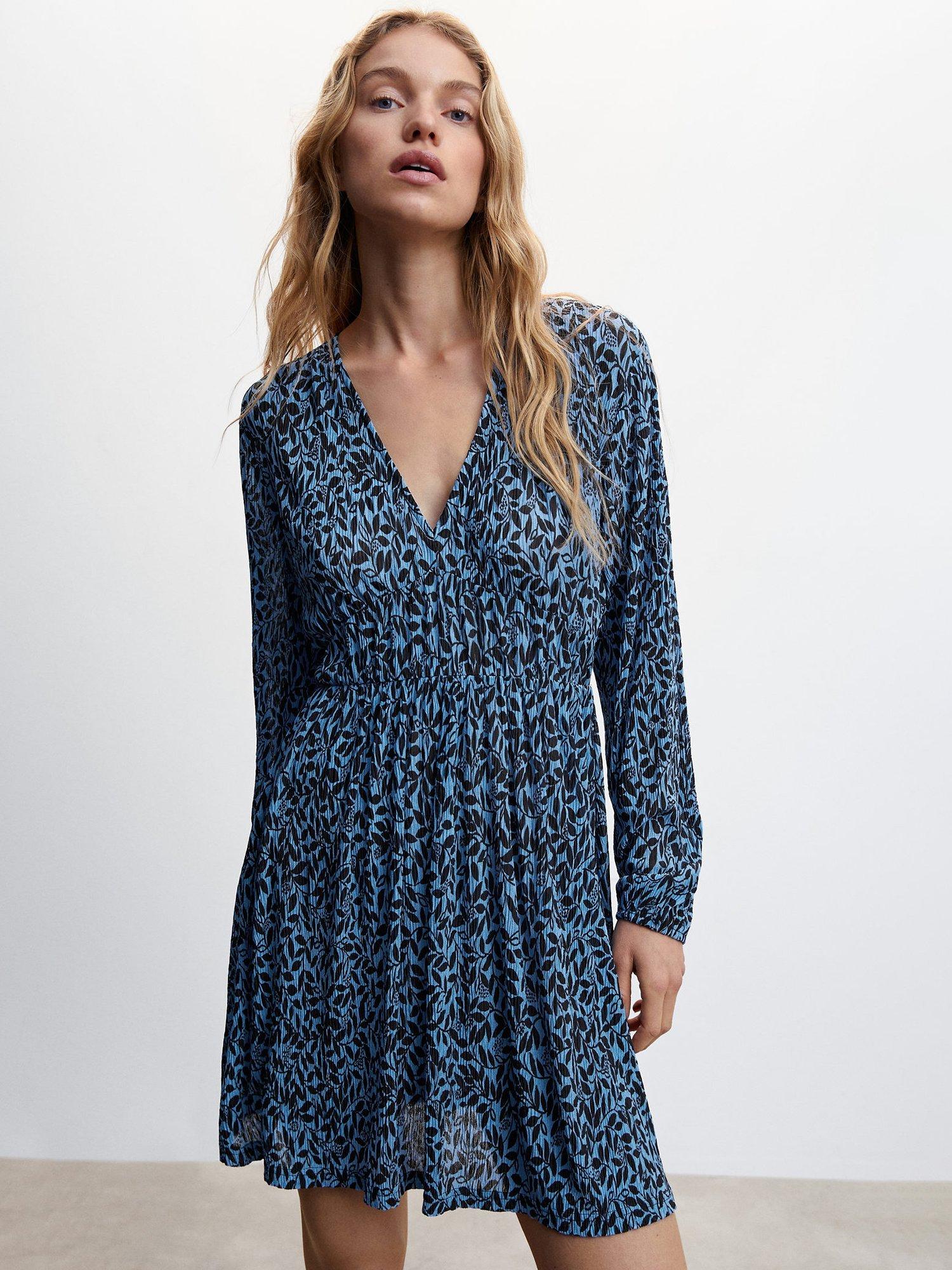 Mango Lacasa Floral V Neck Mini Dress, Blue