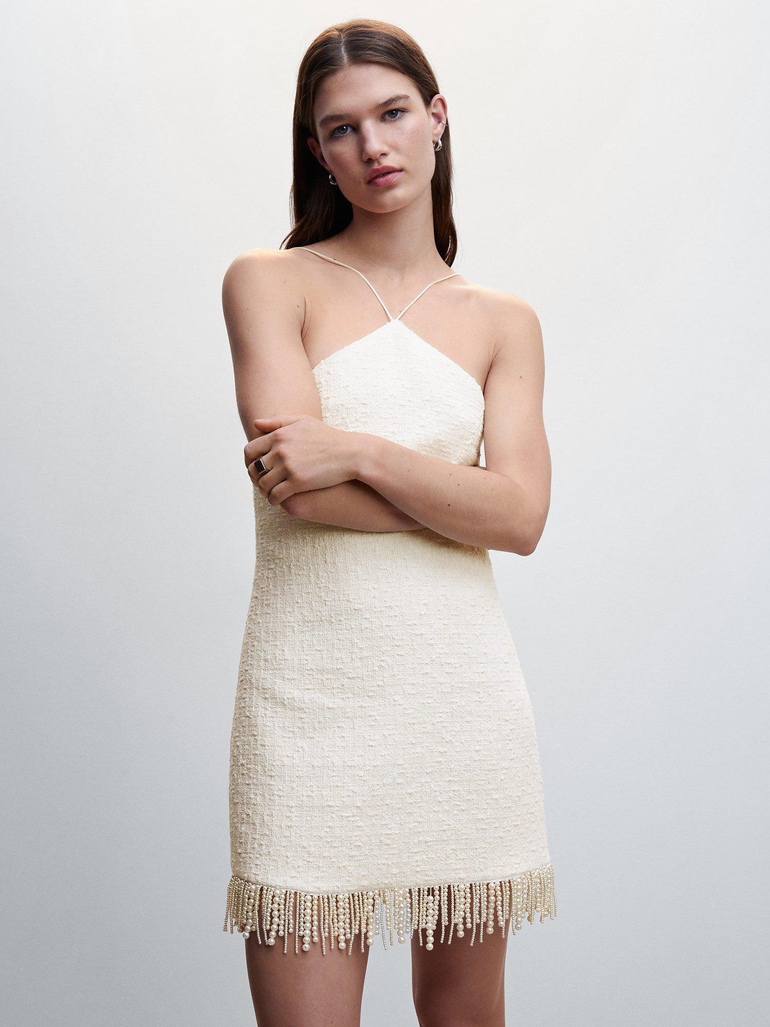 Mango Perli Fringe Dress, White