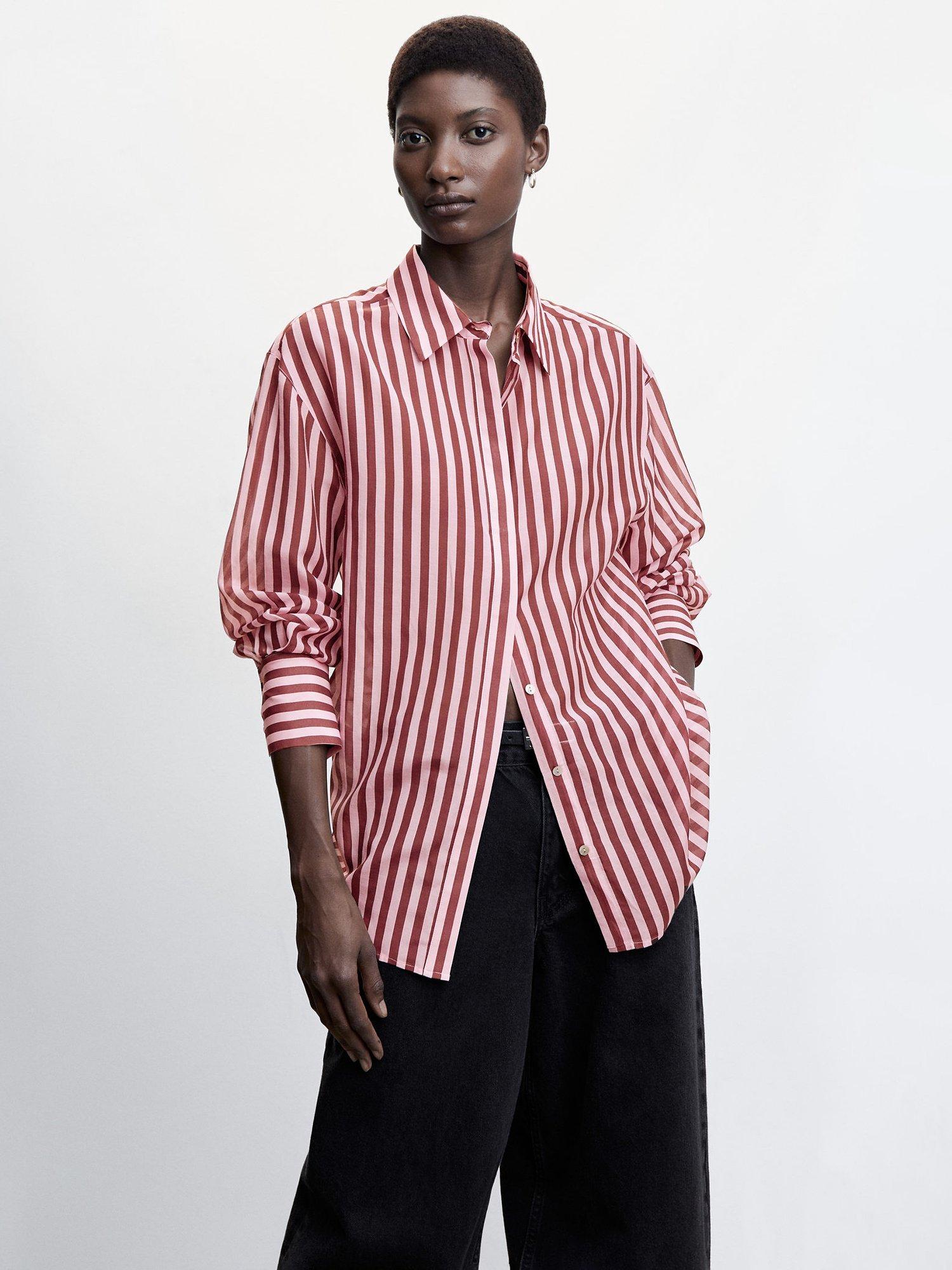 Mango Spicy Stripe Silk Blend Shirt, Light Pink/Dark Red