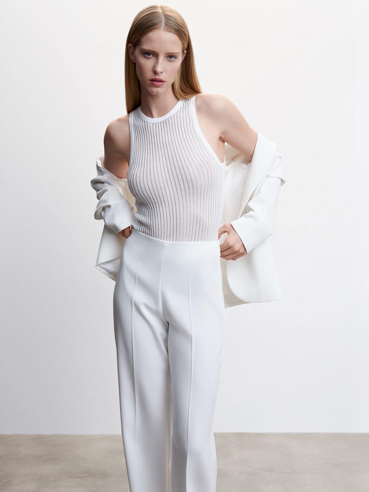 Mango Carrera Ribbed Knitted Top, White