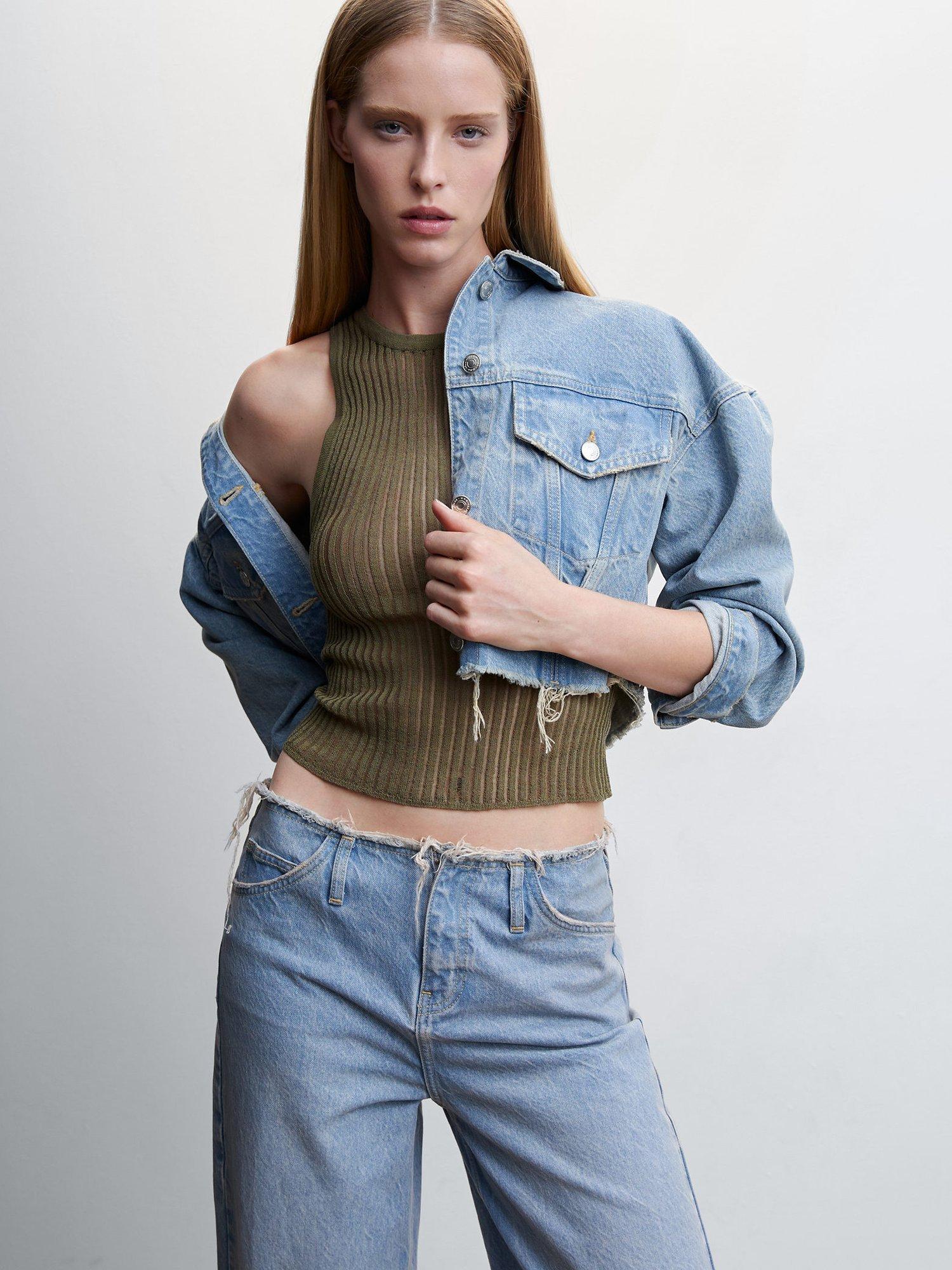Mango Carrera Ribbed Knitted Top, Beige/Khaki