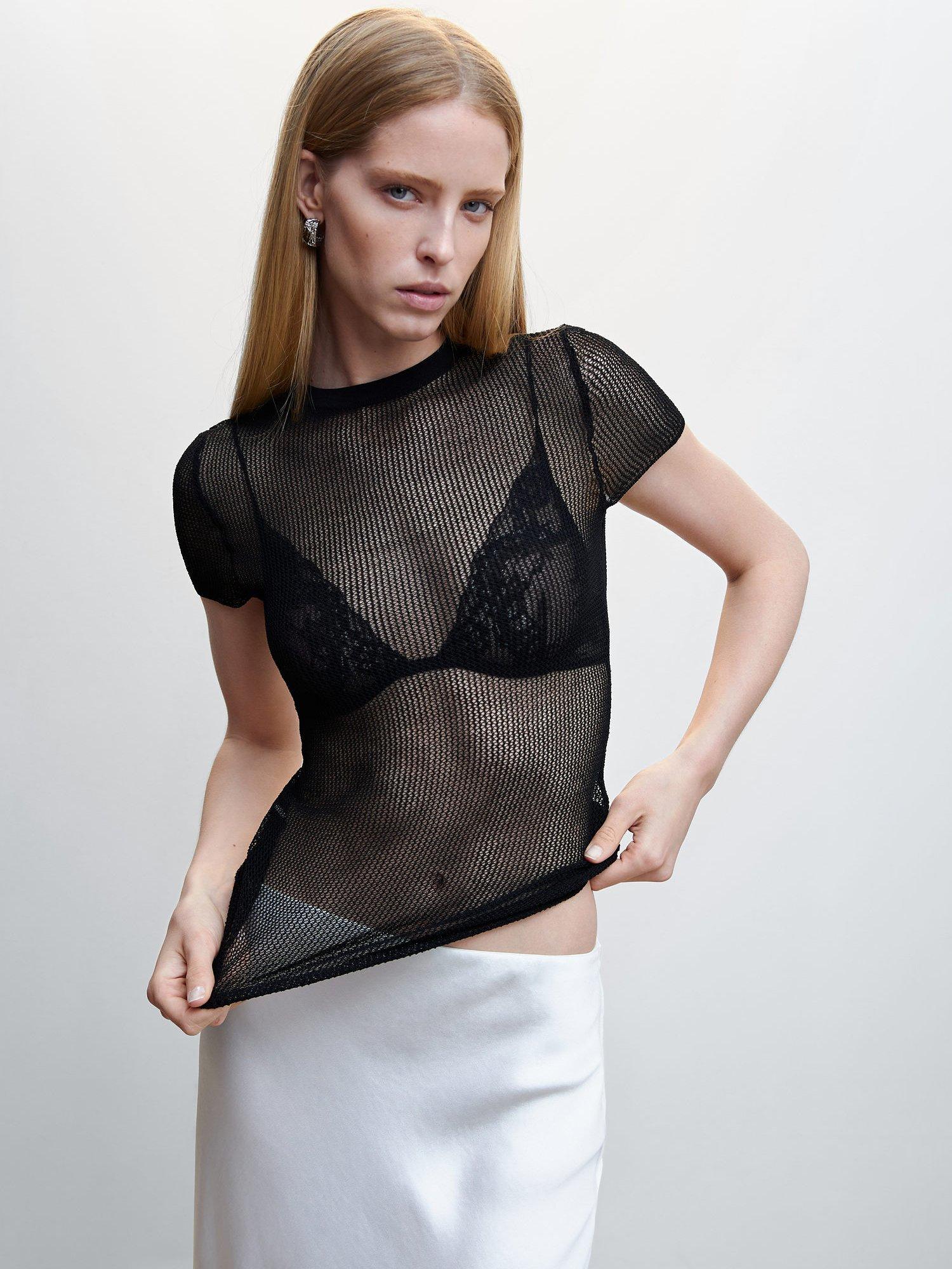 Mango Open Knit Short Sleeved T-Shirt, Black