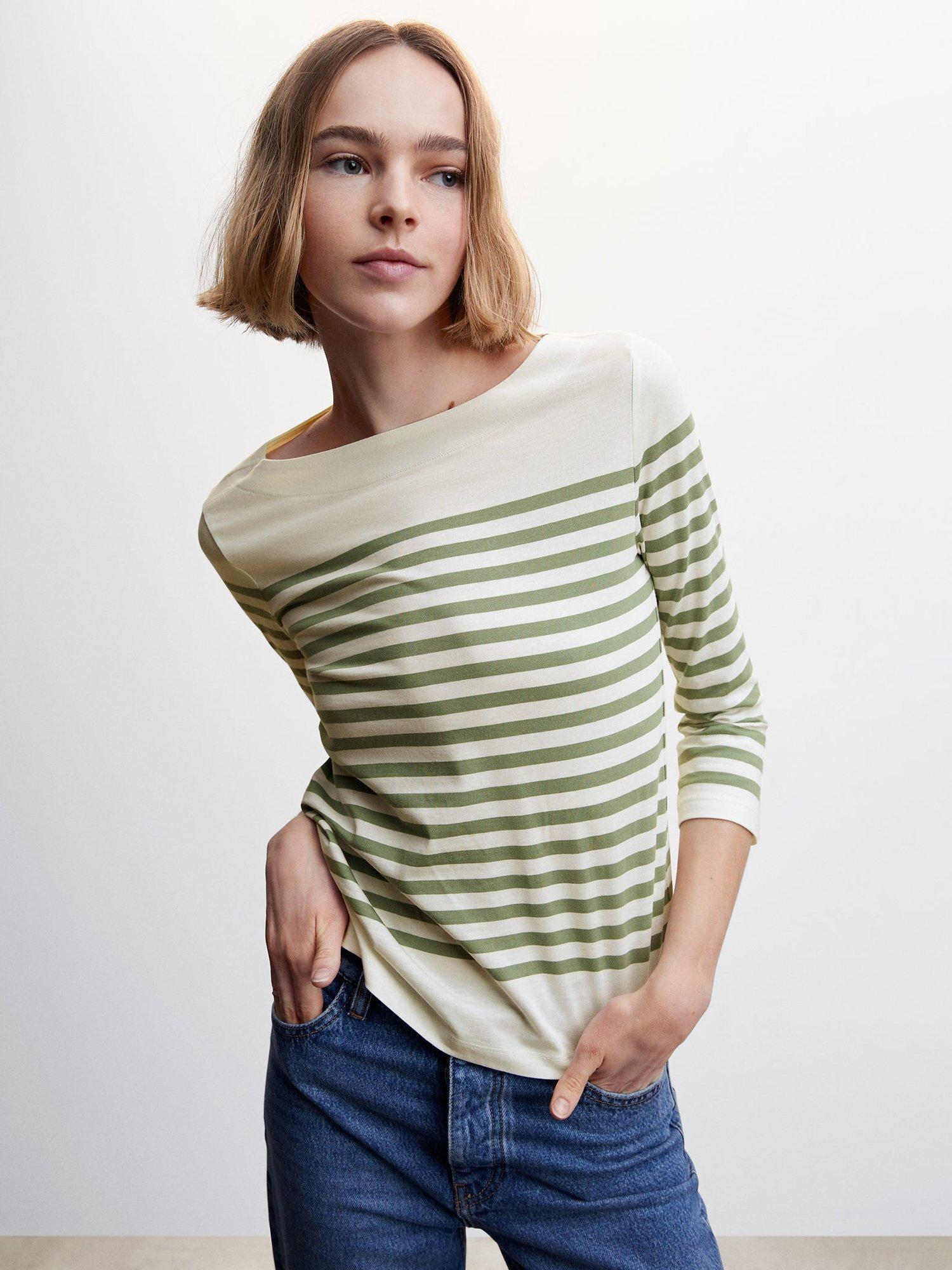 Mango Parisian Striped Cotton Top, Green