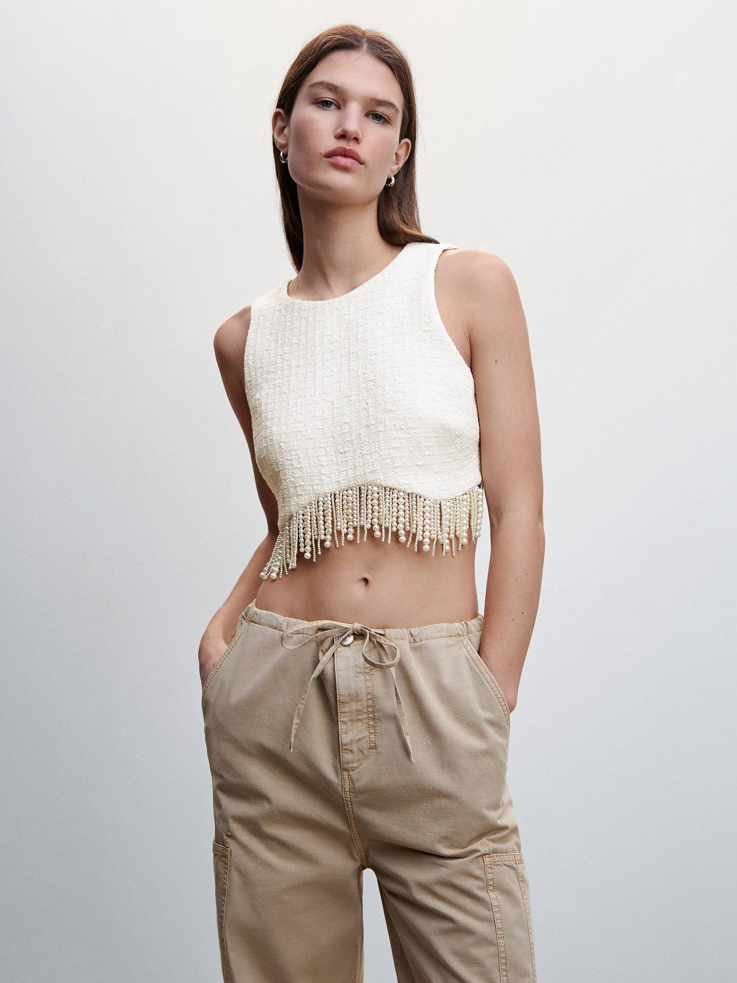 Mango Peril Embellished Crop Top, Natural White