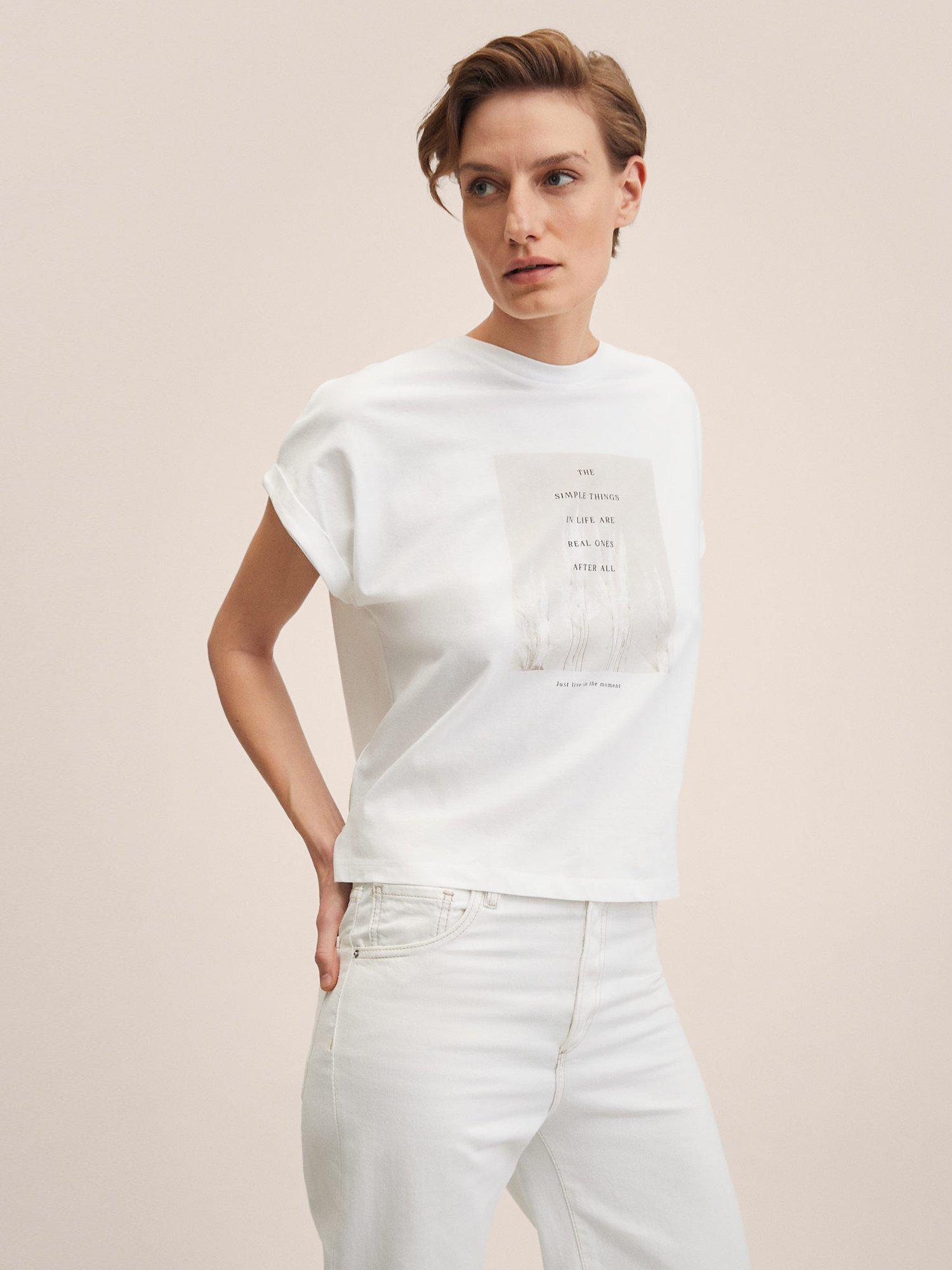 Mango Cotton Simple Things Slogan T-Shirt, Natural White