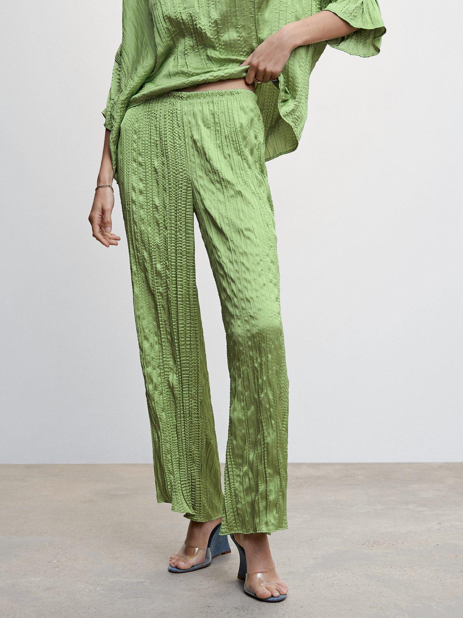 Mango Plisse Satin Pleated Trouser, Green