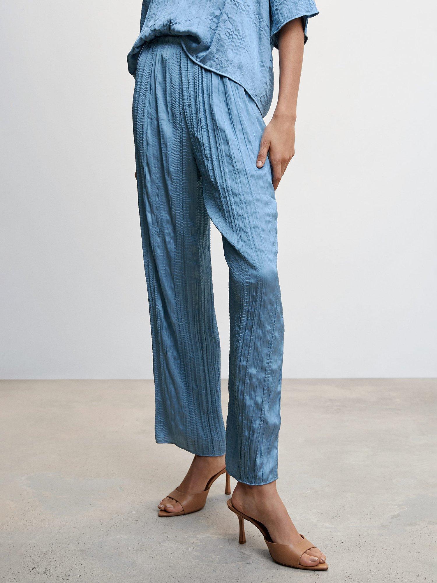 Mango Plisse Satin Pleated Trouser, Blue