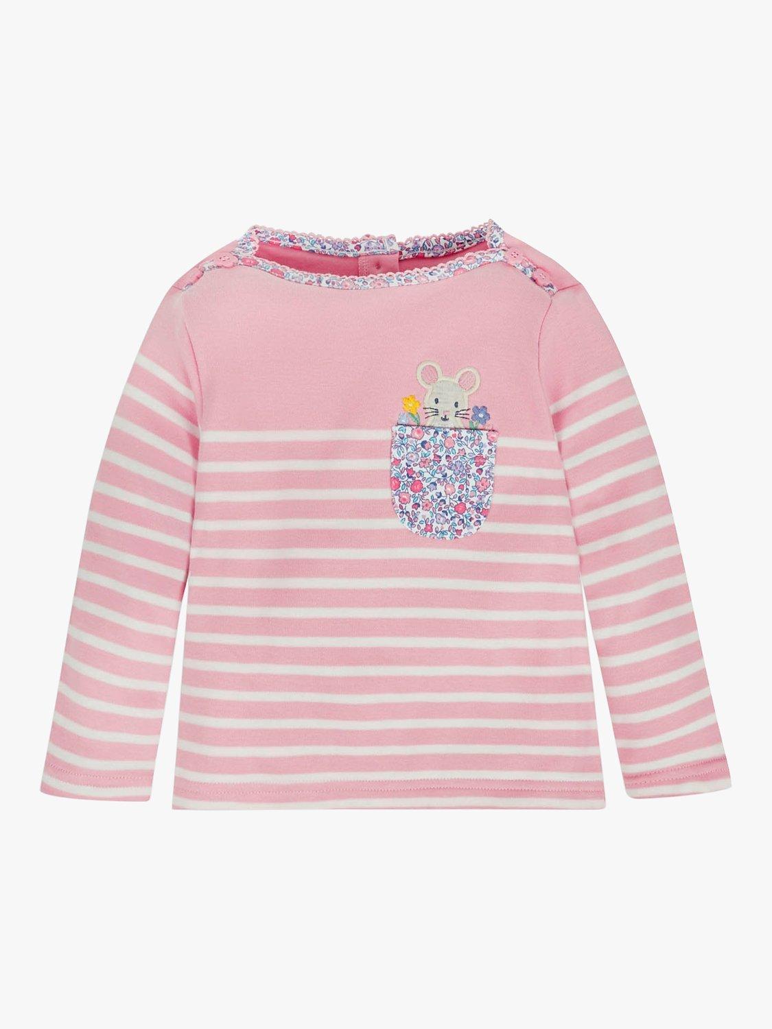 JoJo Maman Bébé Stripe Mouse Pocket Breton Appliqué Long Sleeve Top, Pink