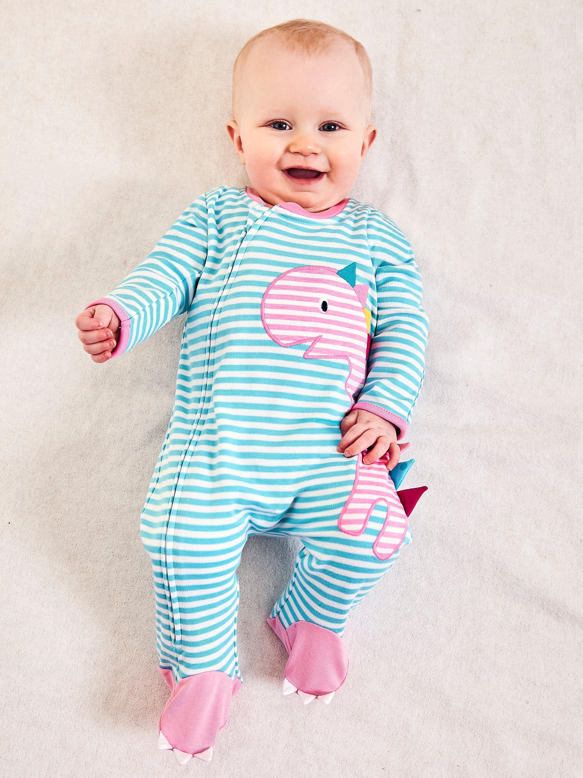 JoJo Maman Bébé Dino Appliqué Zip Sleepsuit, Duck Egg