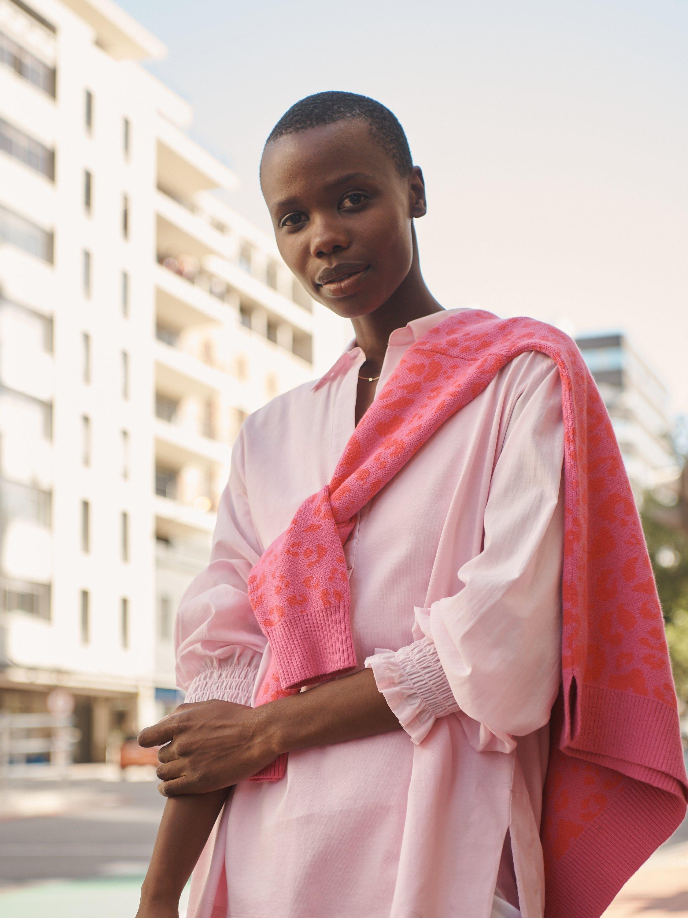 Product image 1 of 5, which shows NRBY Aria Jersey Cotton Shirred Cuff Shirt, Pink, L