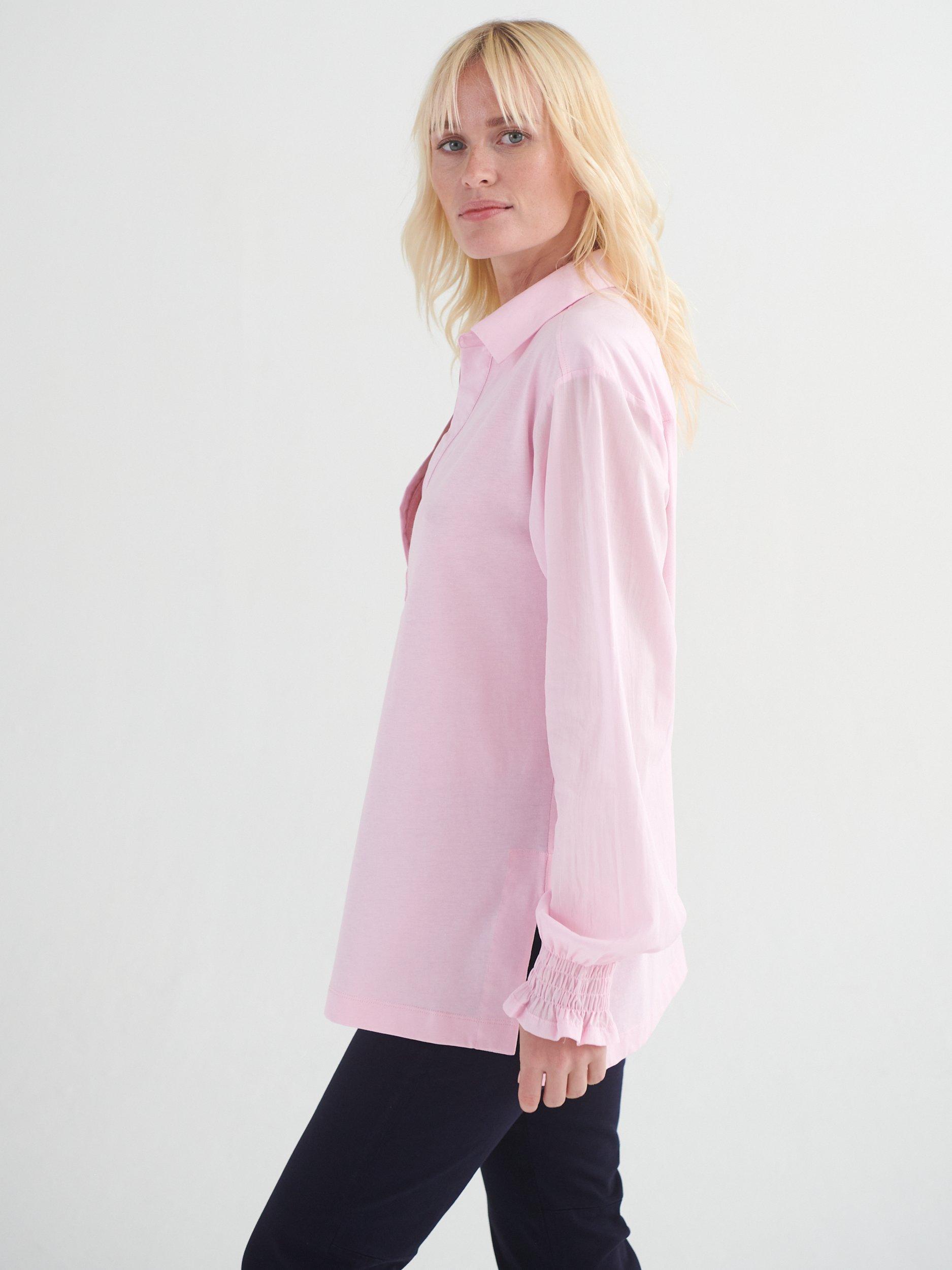 Product image 2 of 5, which shows NRBY Aria Jersey Cotton Shirred Cuff Shirt, Pink, L