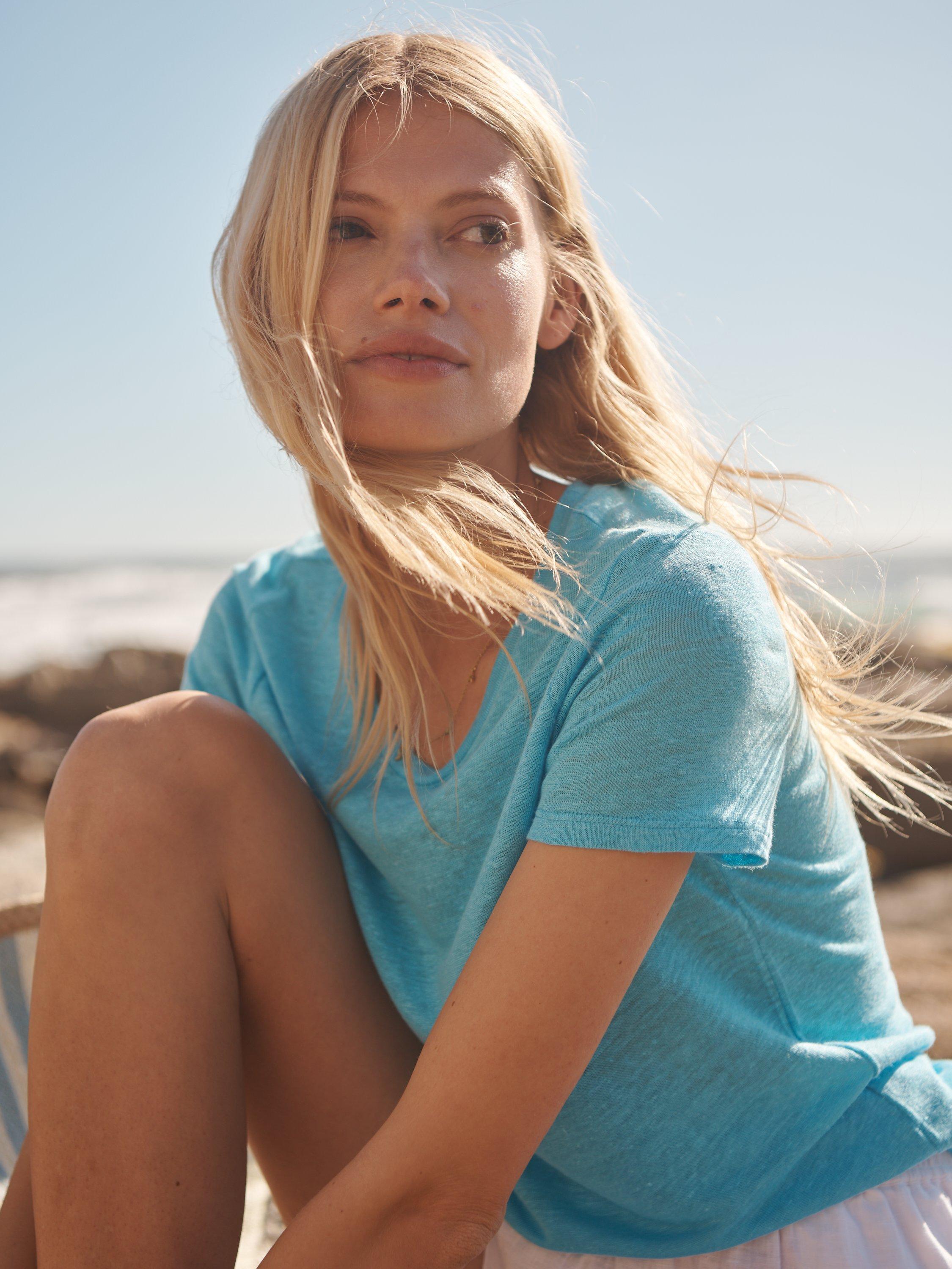 NRBY Charlie Linen Crew Neck T-Shirt, Turquoise