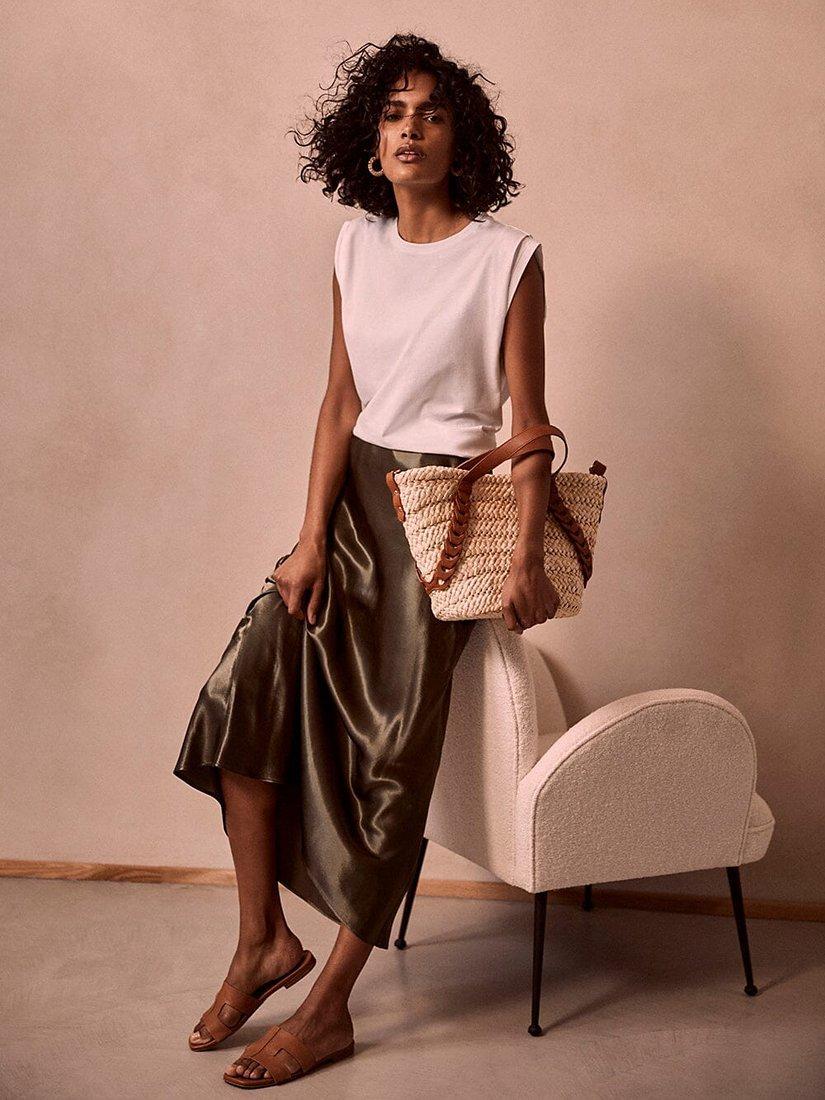 Mint Velvet Satin Slip Maxi Skirt, Khaki