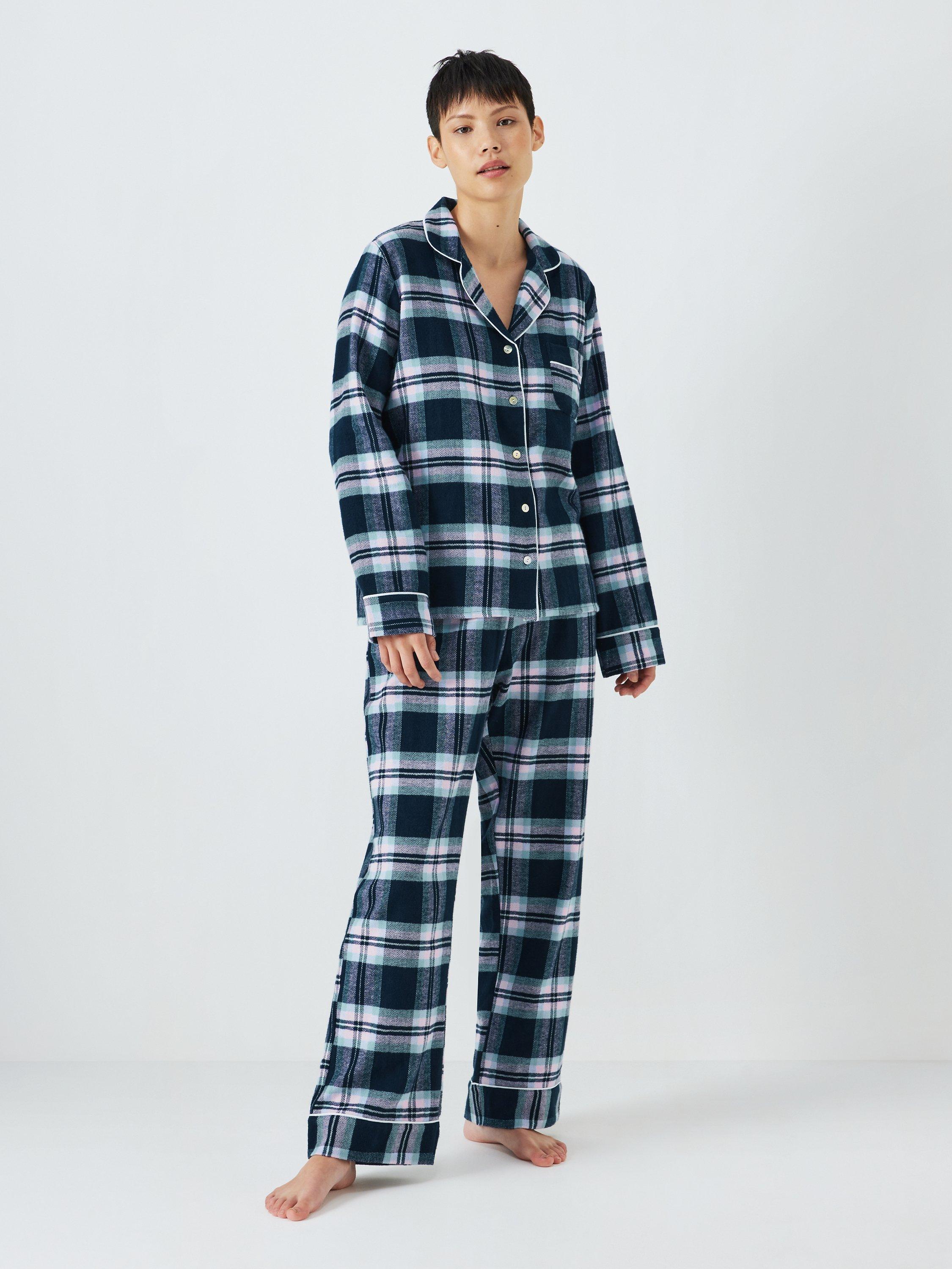 John Lewis Plaid Check Herringbone Triple Brushed Cotton Shirt Pyjama Set, Blue/Pink