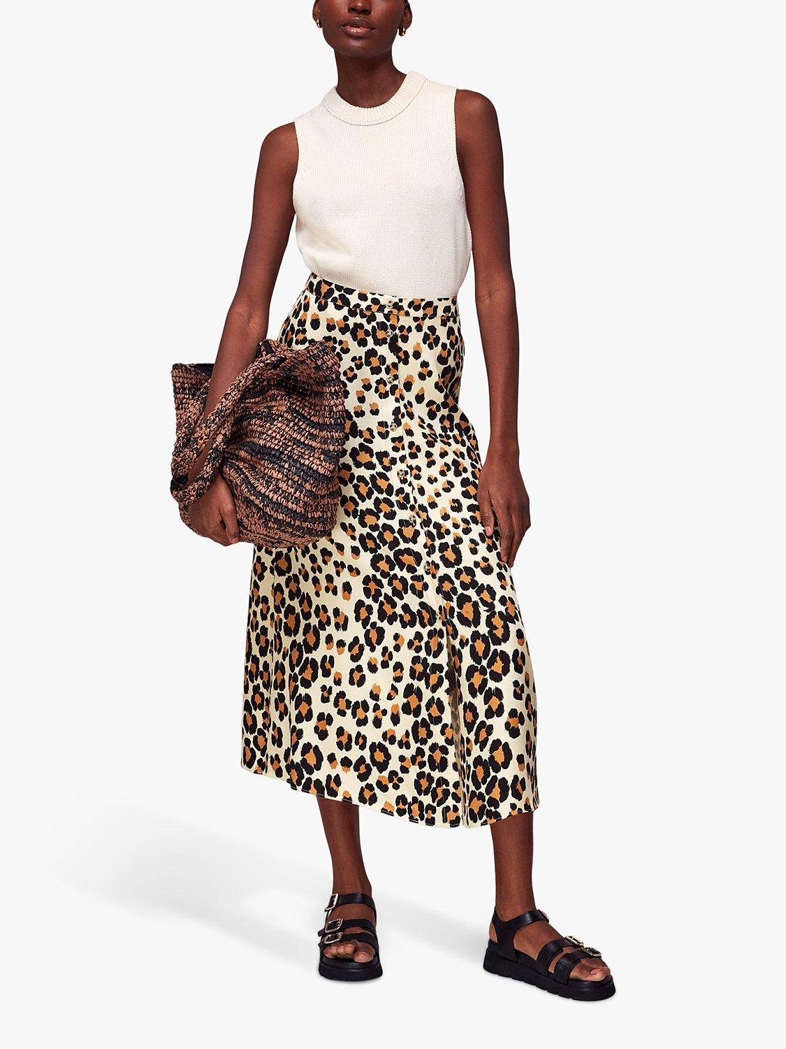 Product image 1 of 6, which shows Whistles Painted Leopard Button Skirt, Leopard Print, 6