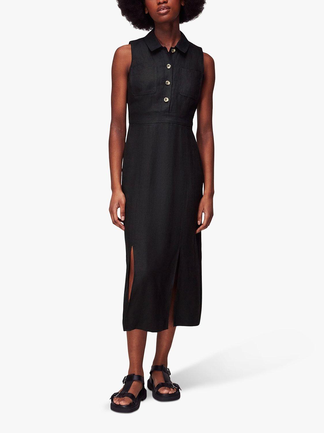 Whistles Molly Linen Midi Dress, Black, 6