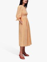 Whistles Gingham Check Shirred Midi Dress, Orange/Multi