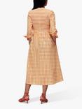 Whistles Gingham Check Shirred Midi Dress, Orange/Multi