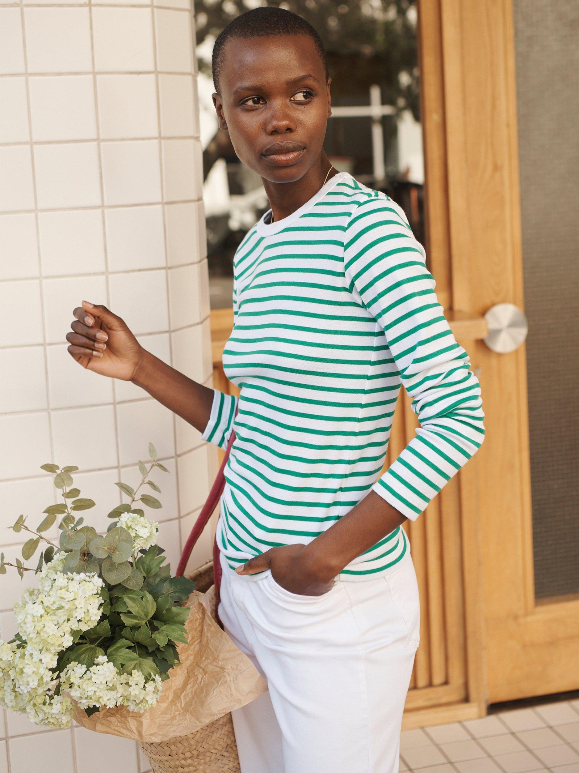 NRBY Billie Cotton Rib Stripe Long Sleeve T-Shirt, Grey/Emerald
