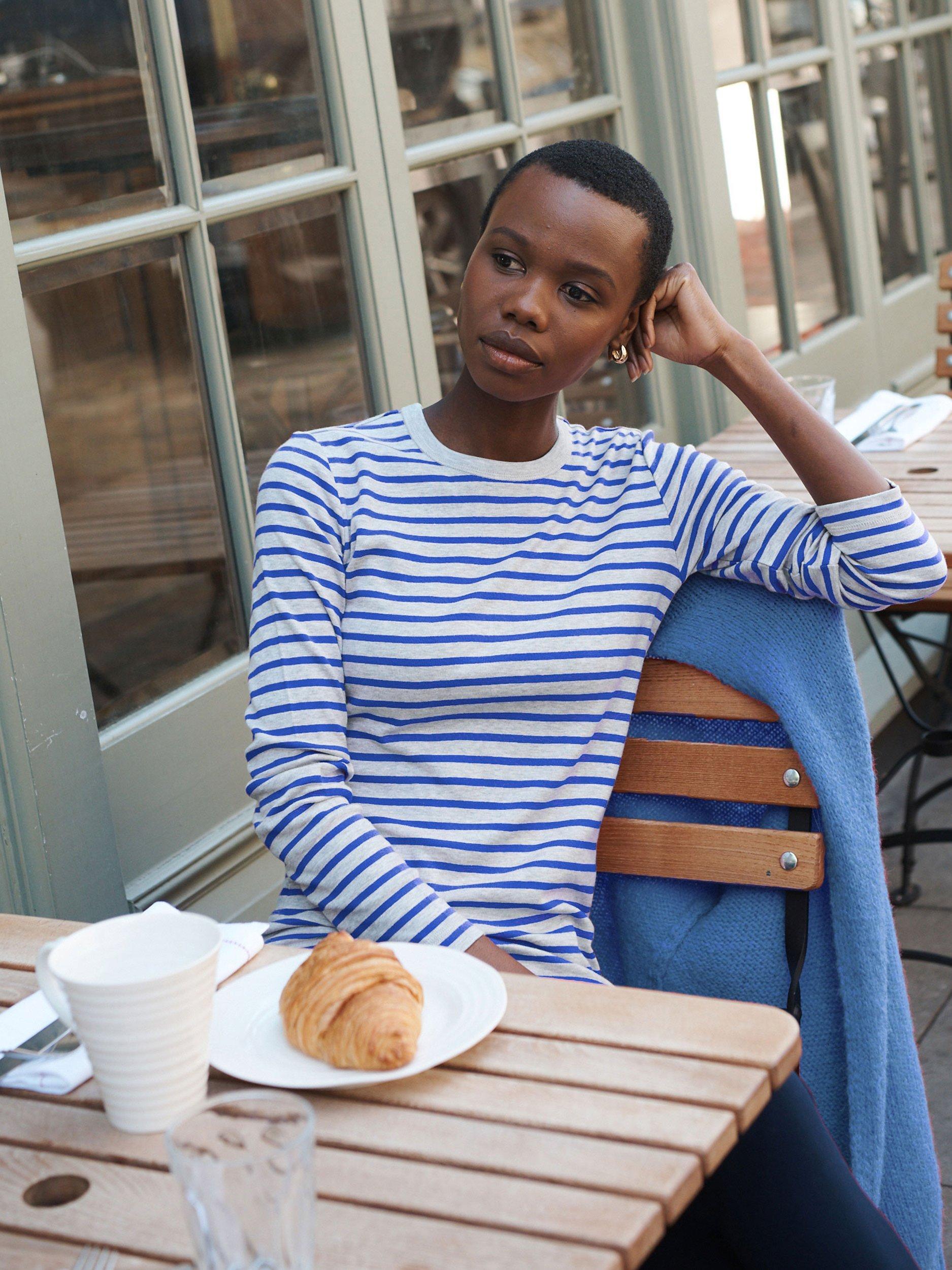 NRBY Billie Cotton Rib Stripe Long Sleeve T-Shirt, Grey/Cobalt