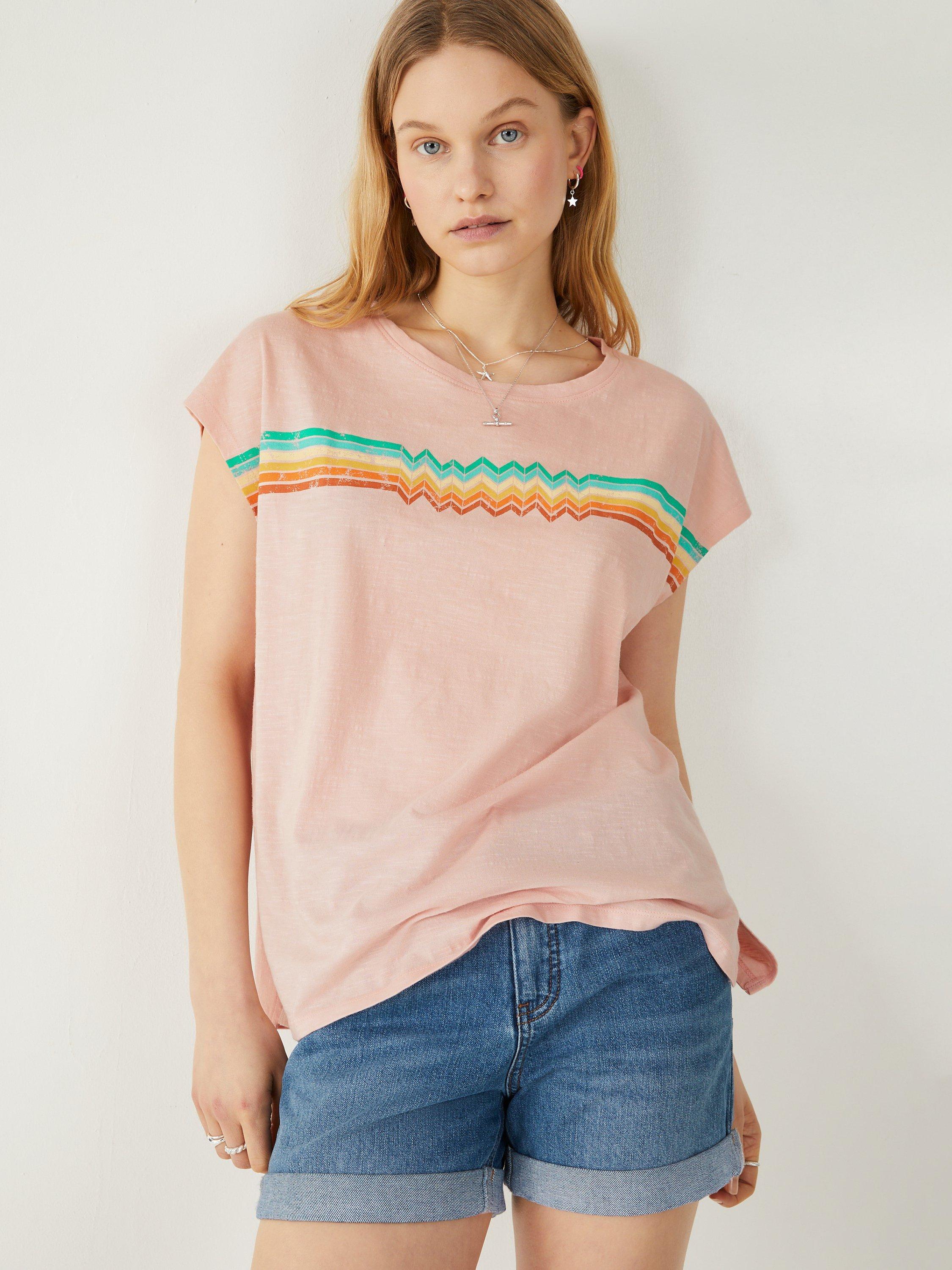 HUSH Zig Zag Rainbow Stripe T-Shirt, Washed Mauve