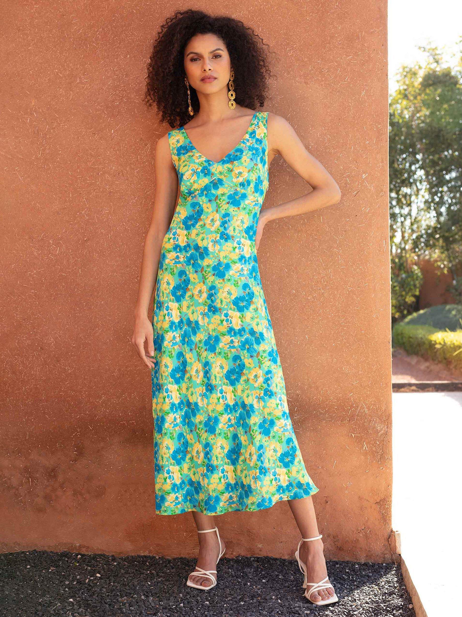 Ro&Zo Floral Bias Midi Dress, Blue/Multi
