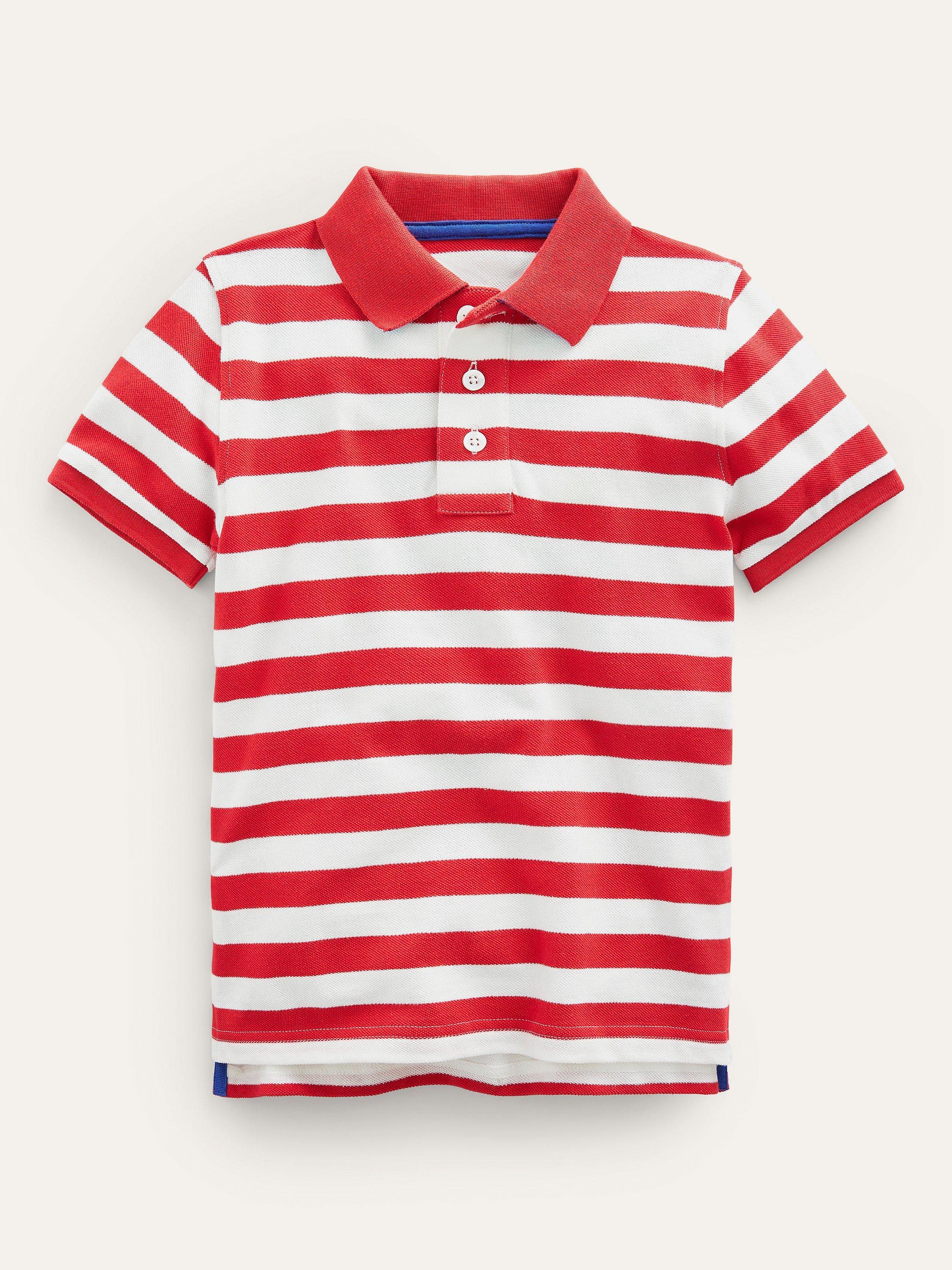 Mini Boden Kids' Stripe Pique Polo Shirt, Breton Ivory/Red