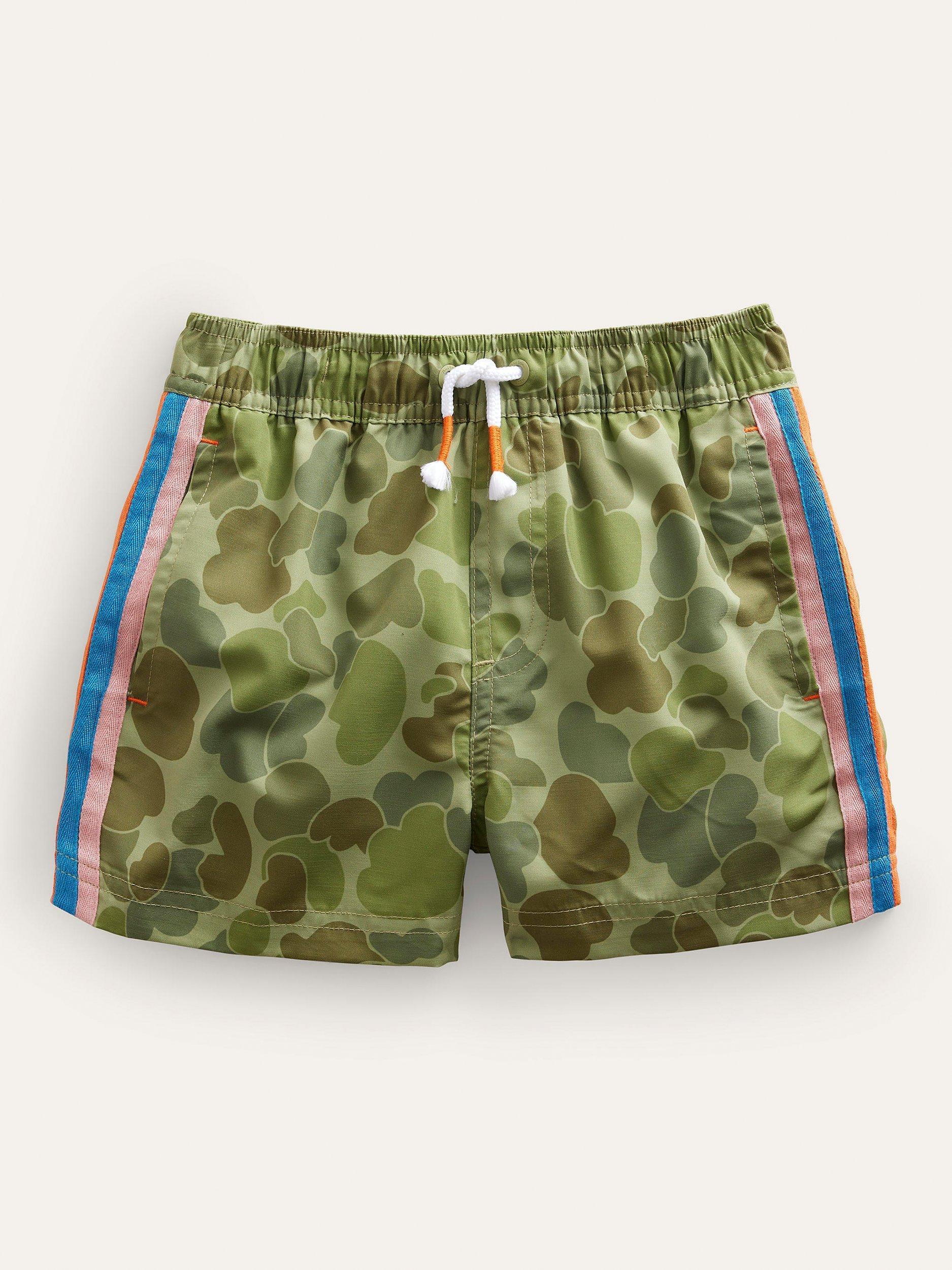 Mini Boden Sporty Stripe Swim Short, Khaki, 3-4 years