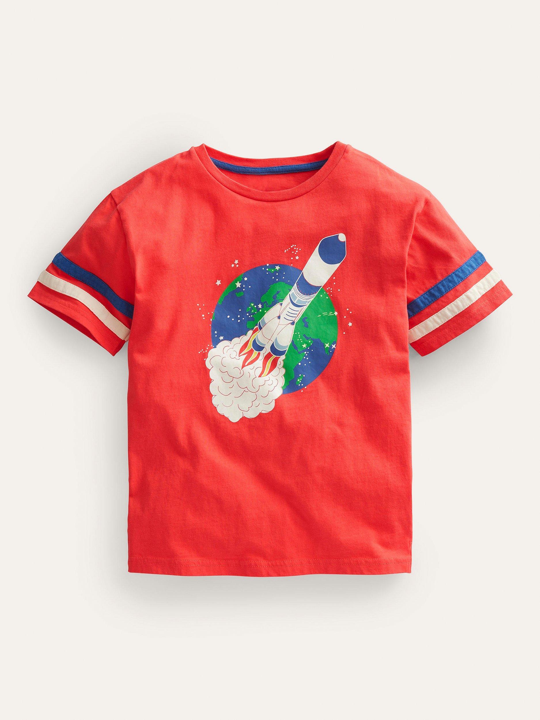 Mini Boden Kids' Rocket Graphic Relaxed Sporty T-Shirt, Jam Red/Multi