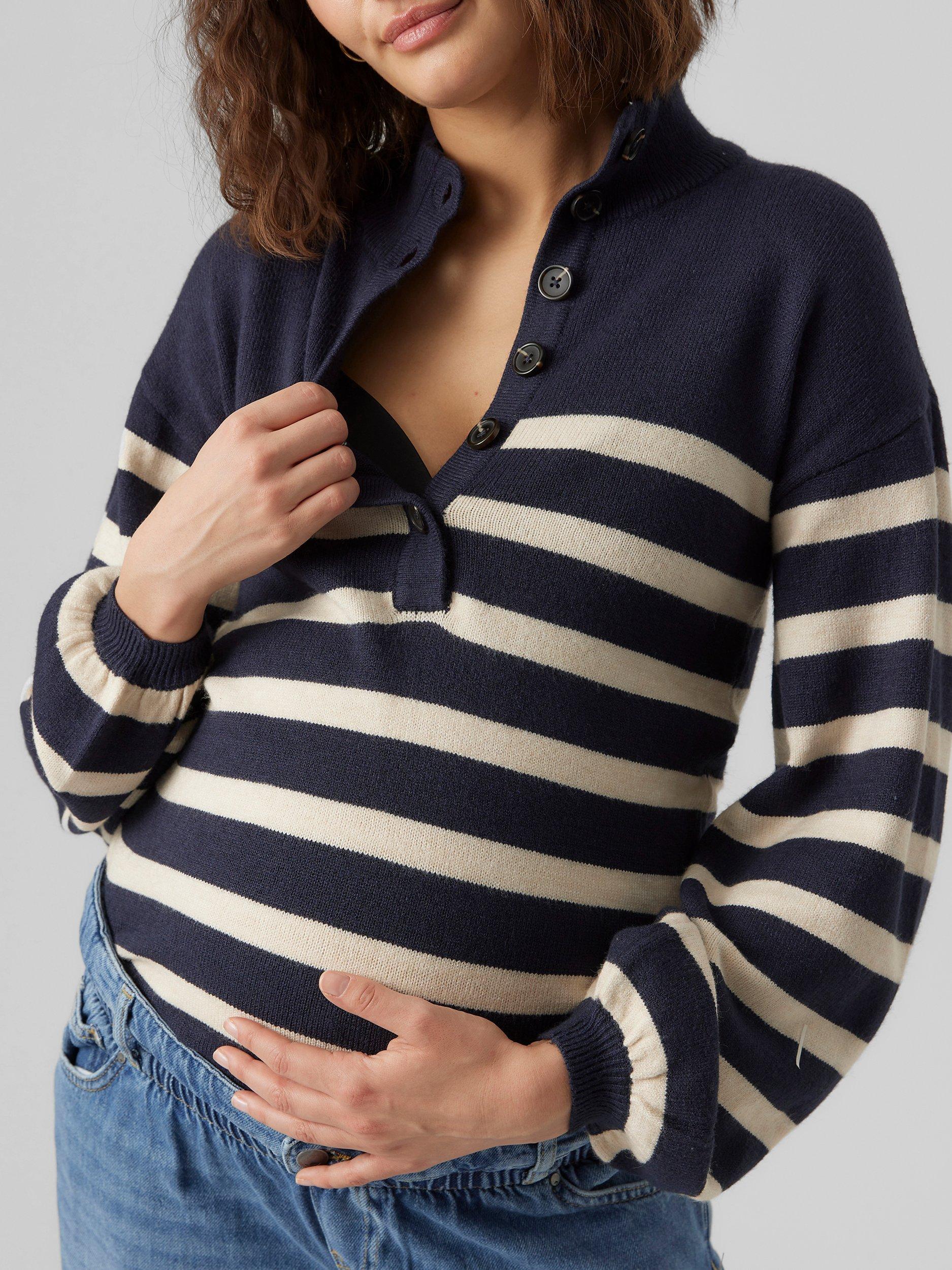 Mamalicious Carla Stripe Button Neck Maternity & Nursing Jumper, Night/Multi