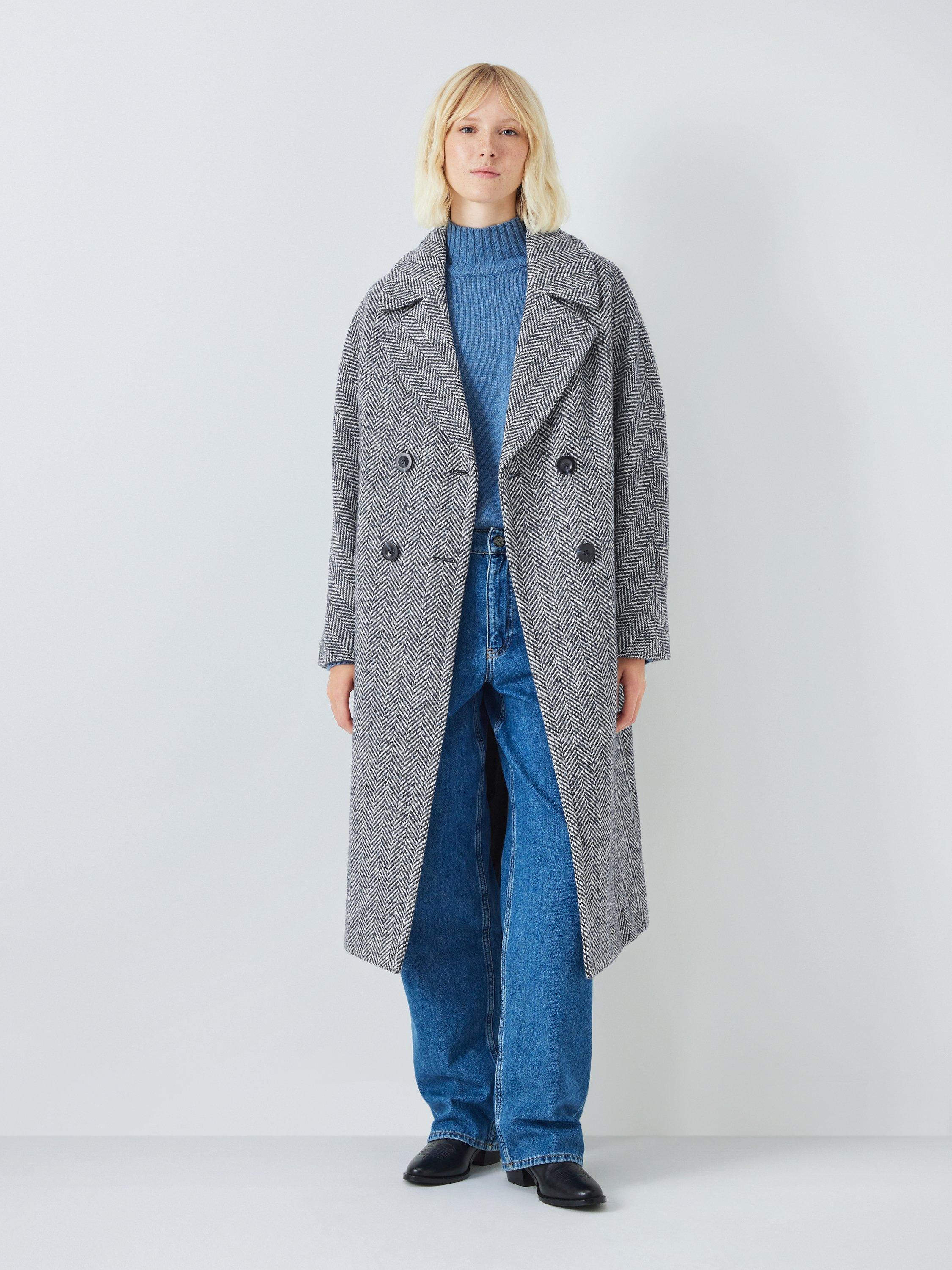 AND/OR Ella Herringbone Double Breasted Coat, Blue/Multi