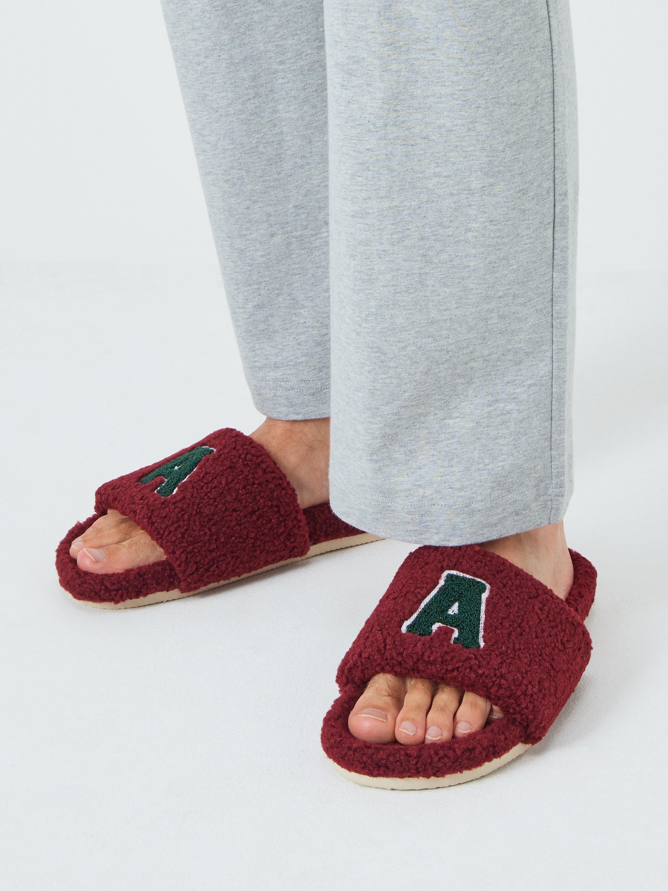 Product image 2 of 5, which shows John Lewis ANYDAY 'A' Logo Borg Slider Slippers, Burgundy, 10