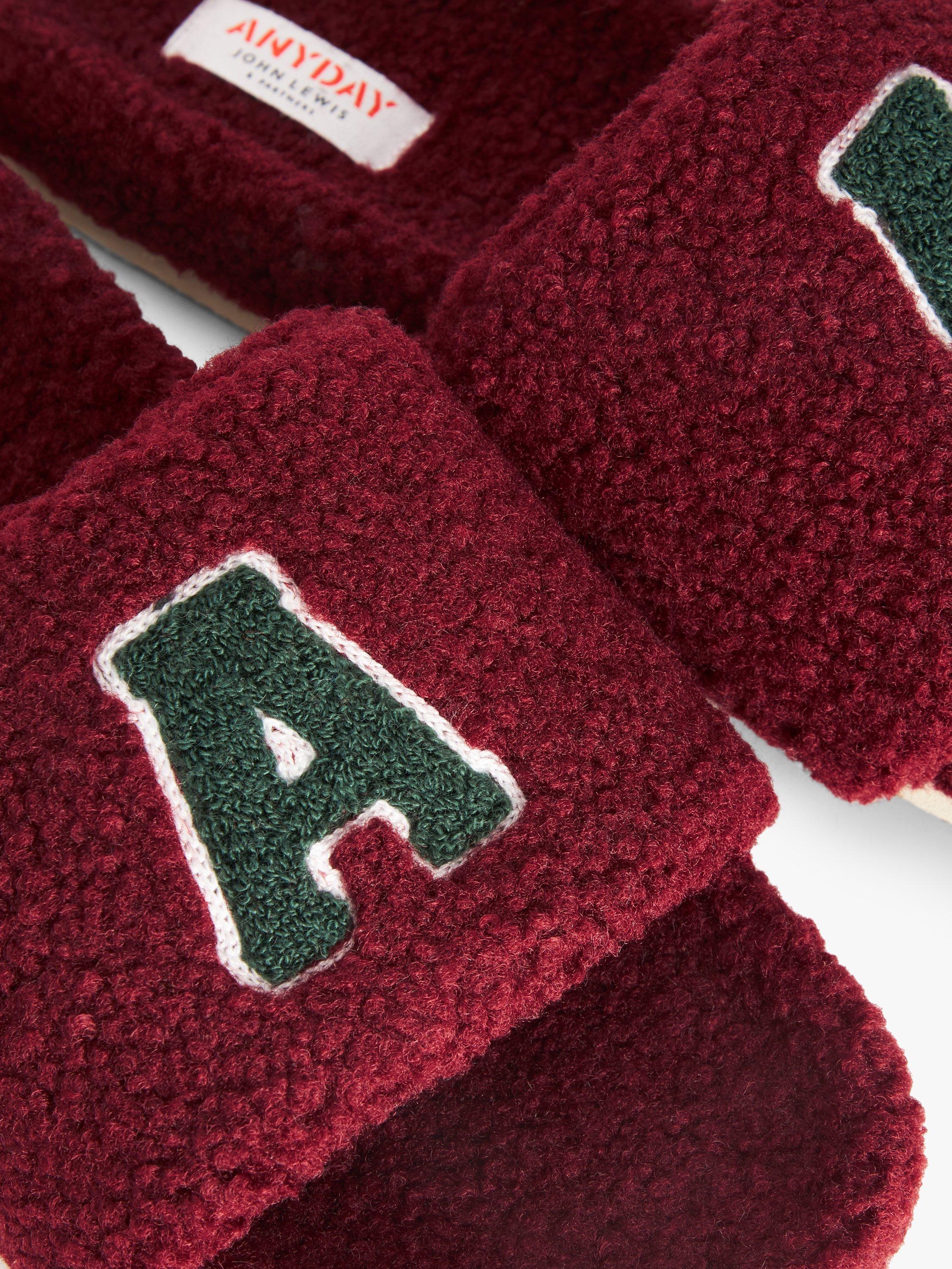 Product image 4 of 5, which shows John Lewis ANYDAY 'A' Logo Borg Slider Slippers, Burgundy, 10