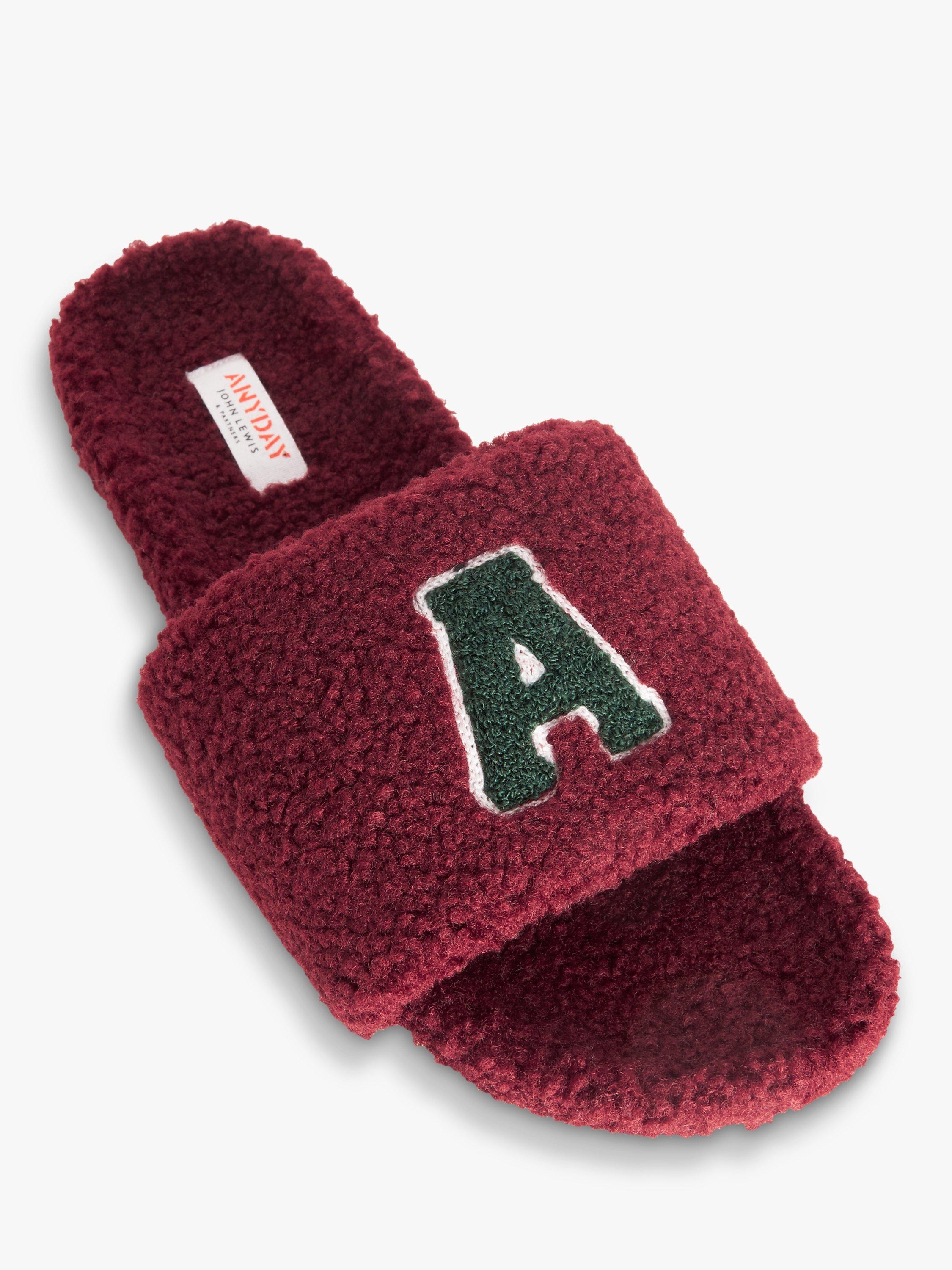 Product image 5 of 5, which shows John Lewis ANYDAY 'A' Logo Borg Slider Slippers, Burgundy, 10