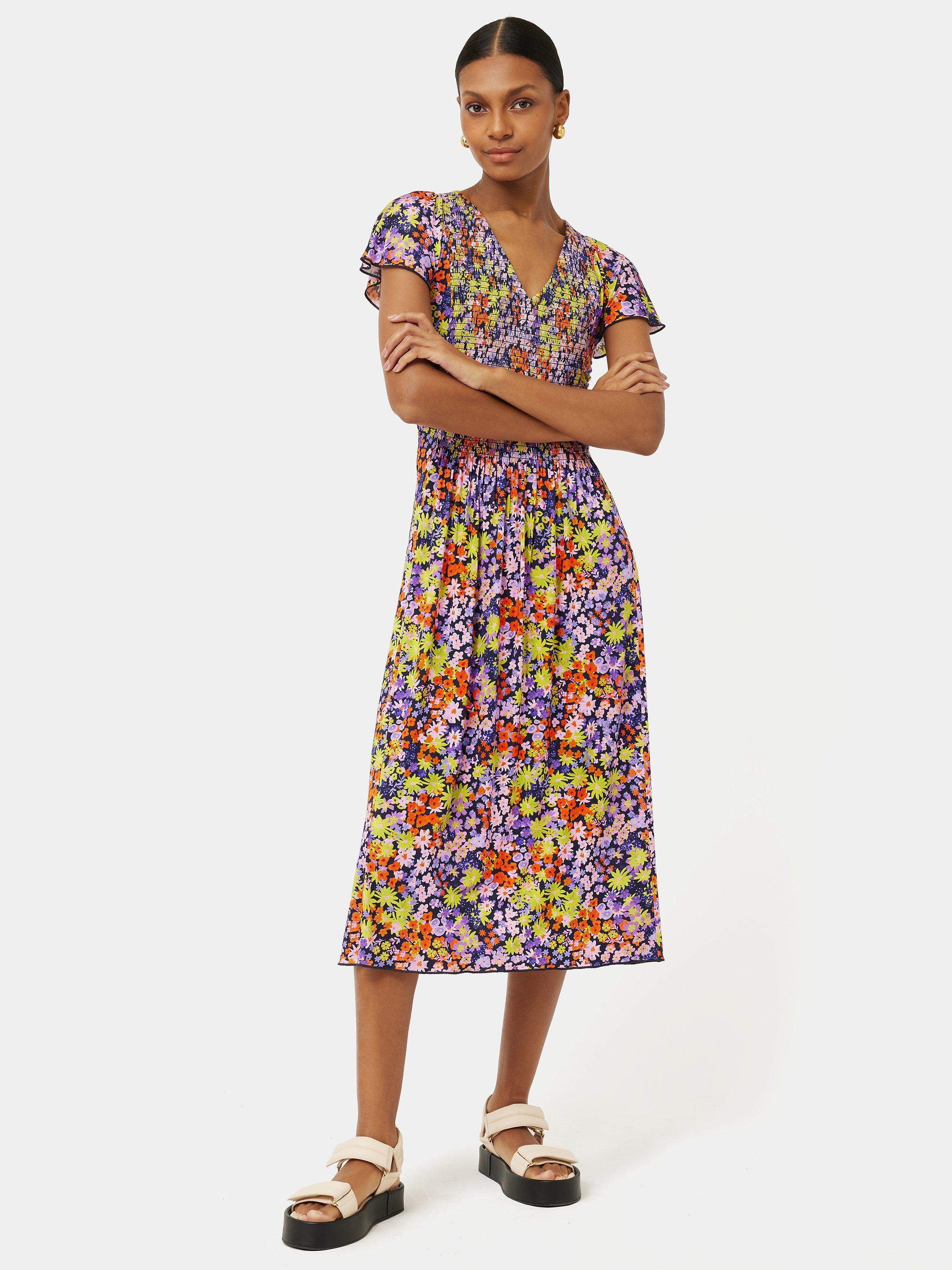 Jigsaw Rave Smocked Floral Midi Dress, Multi