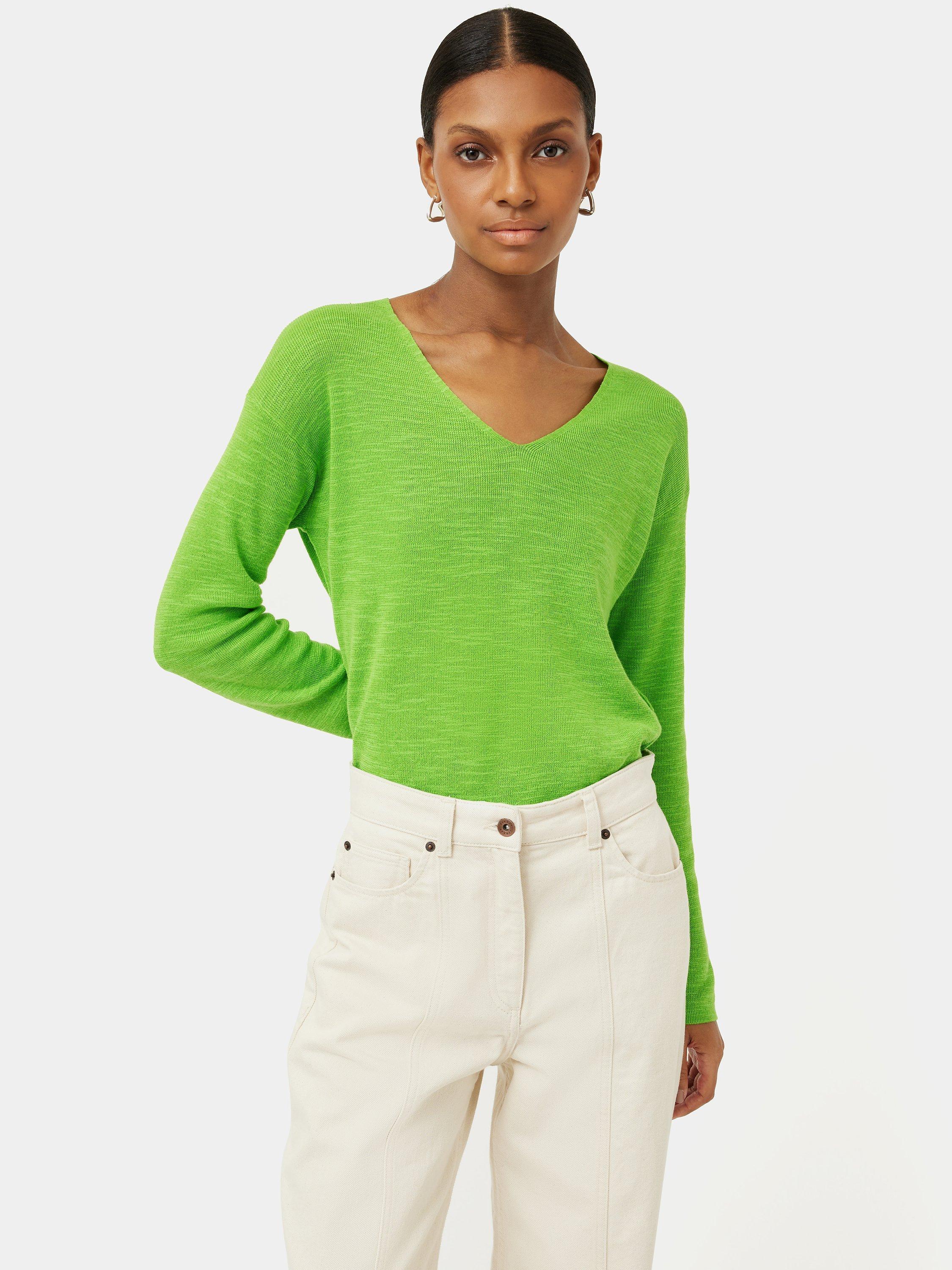 Jigsaw Cotton and Linen V Neck Jumper, Green 