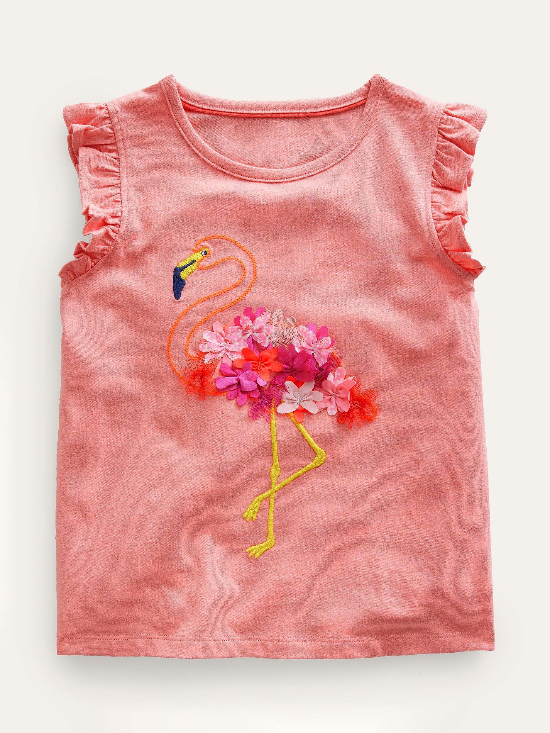 Mini Boden Baby Embroidered Flamingo T-Shirt, Peach