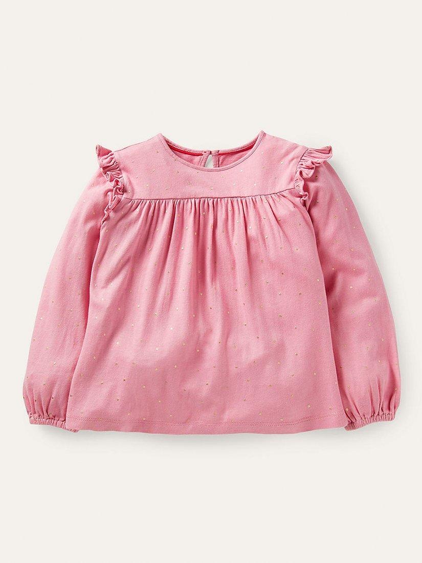 Mini Boden Kids' Floaty Spot Ruffle Top, Pink/Gold