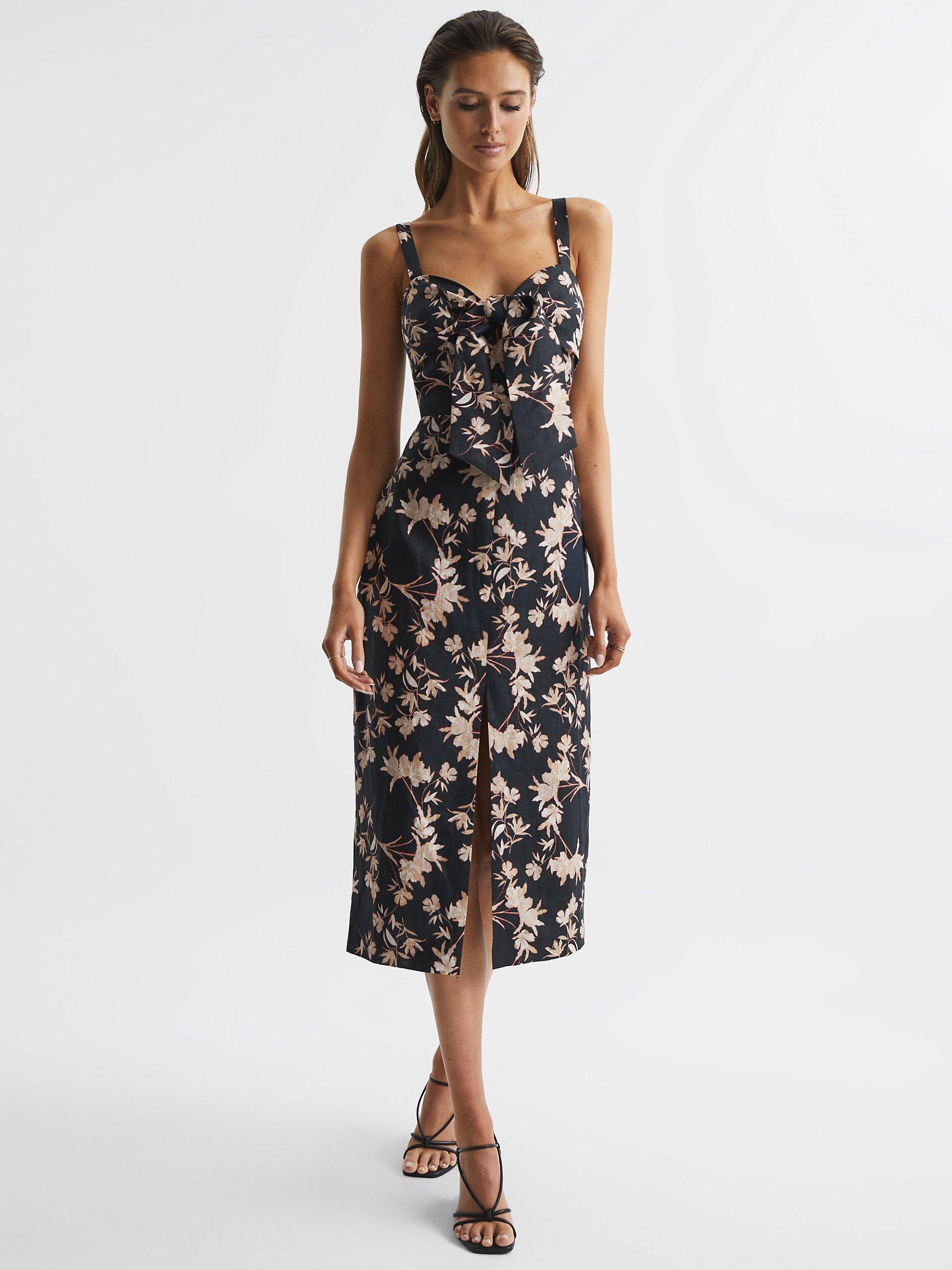 Reiss Petite Aleen Linen Midi Dress, Black/Blush