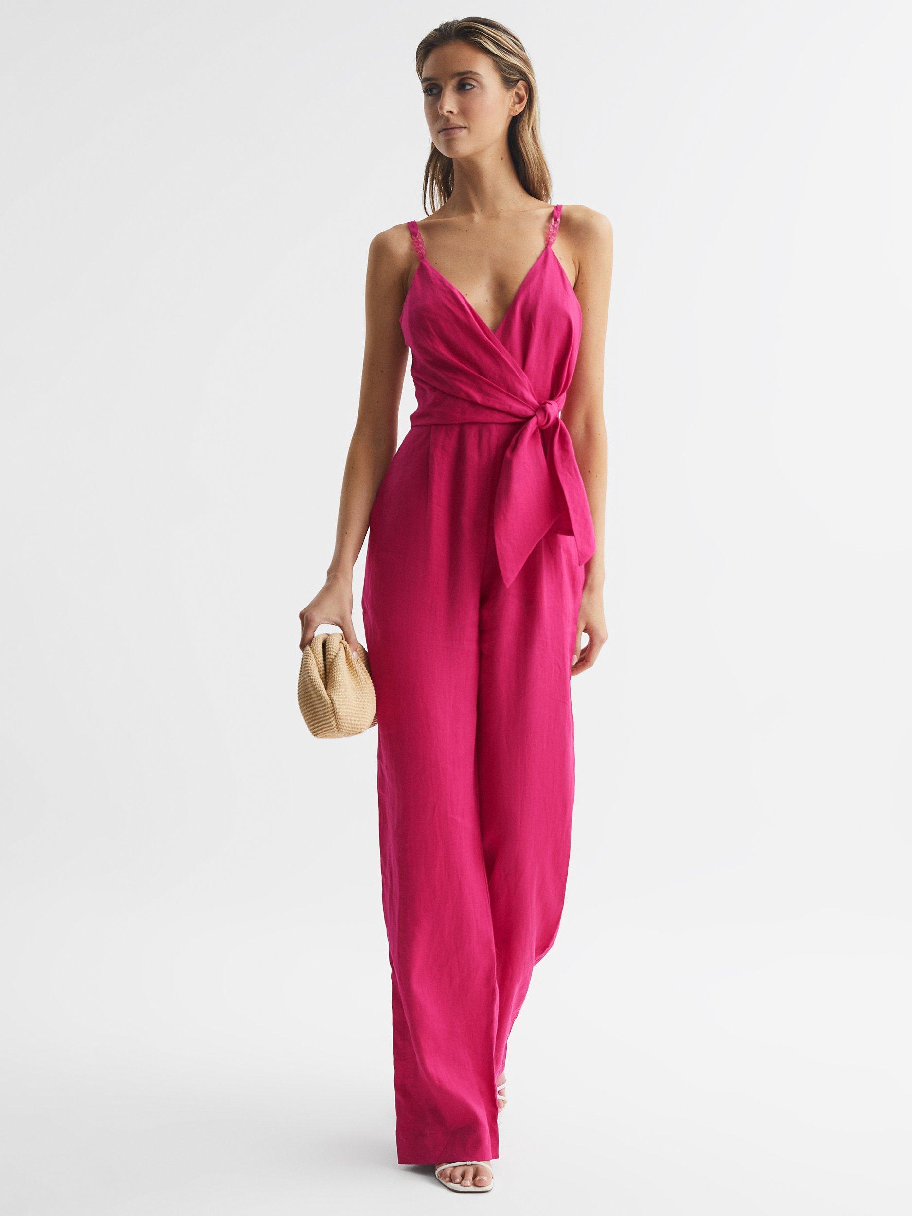 Reiss Petite Emilia Plunge Neck Linen Jumpsuit, Pink