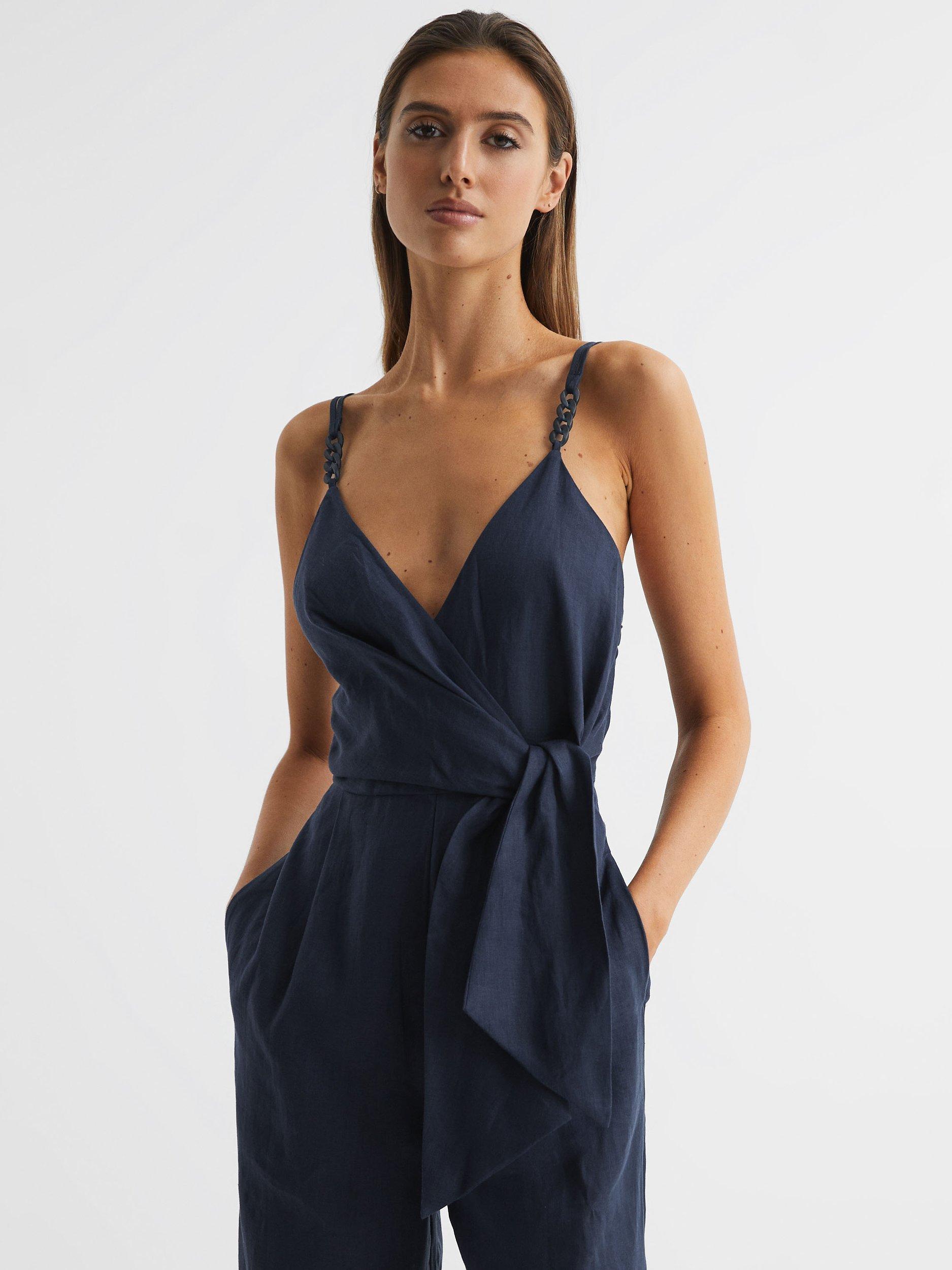 Reiss Petite Emilia Plunge Neck Linen Jumpsuit, Navy